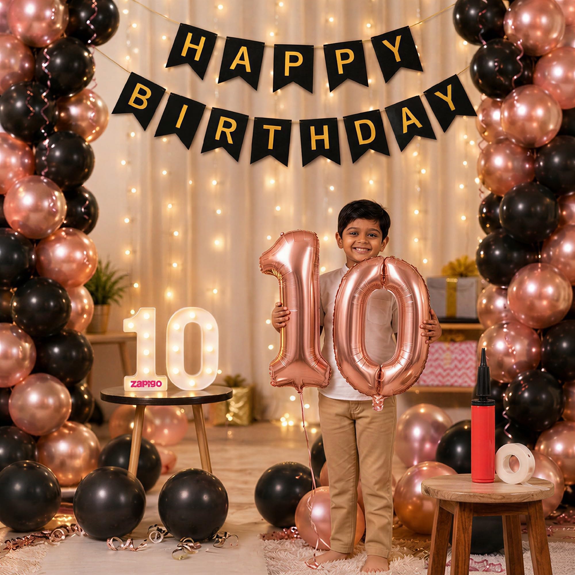 Balloonistics 10th Birthday Decoration Combo Kit - 40 Inch Rose Gold Foil Number Balloon, LED Marquee Light, 50 Rose Gold & Black Balloons, Happy Birthday Banner, Balloon Pump & Glue Dots