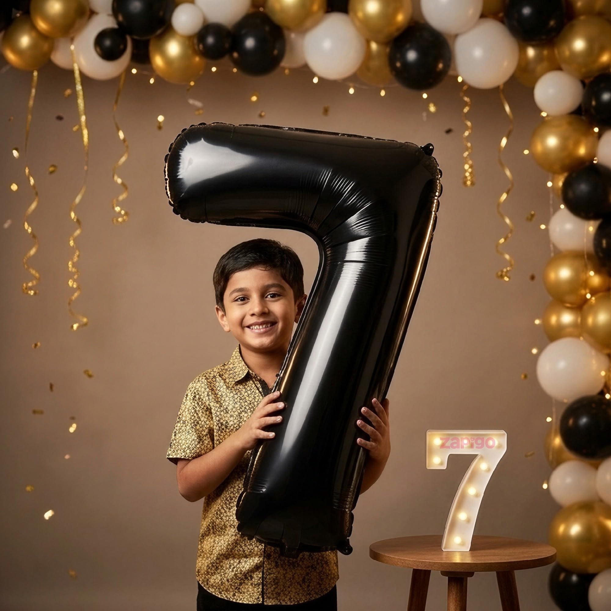 Balloonistics Black 40-Inch Foil Number 7 Balloon with Matching LED Marquee Light - Combo Set for 7th Birthday, Anniversary, Party Decoration, Photo Booth Backdrop