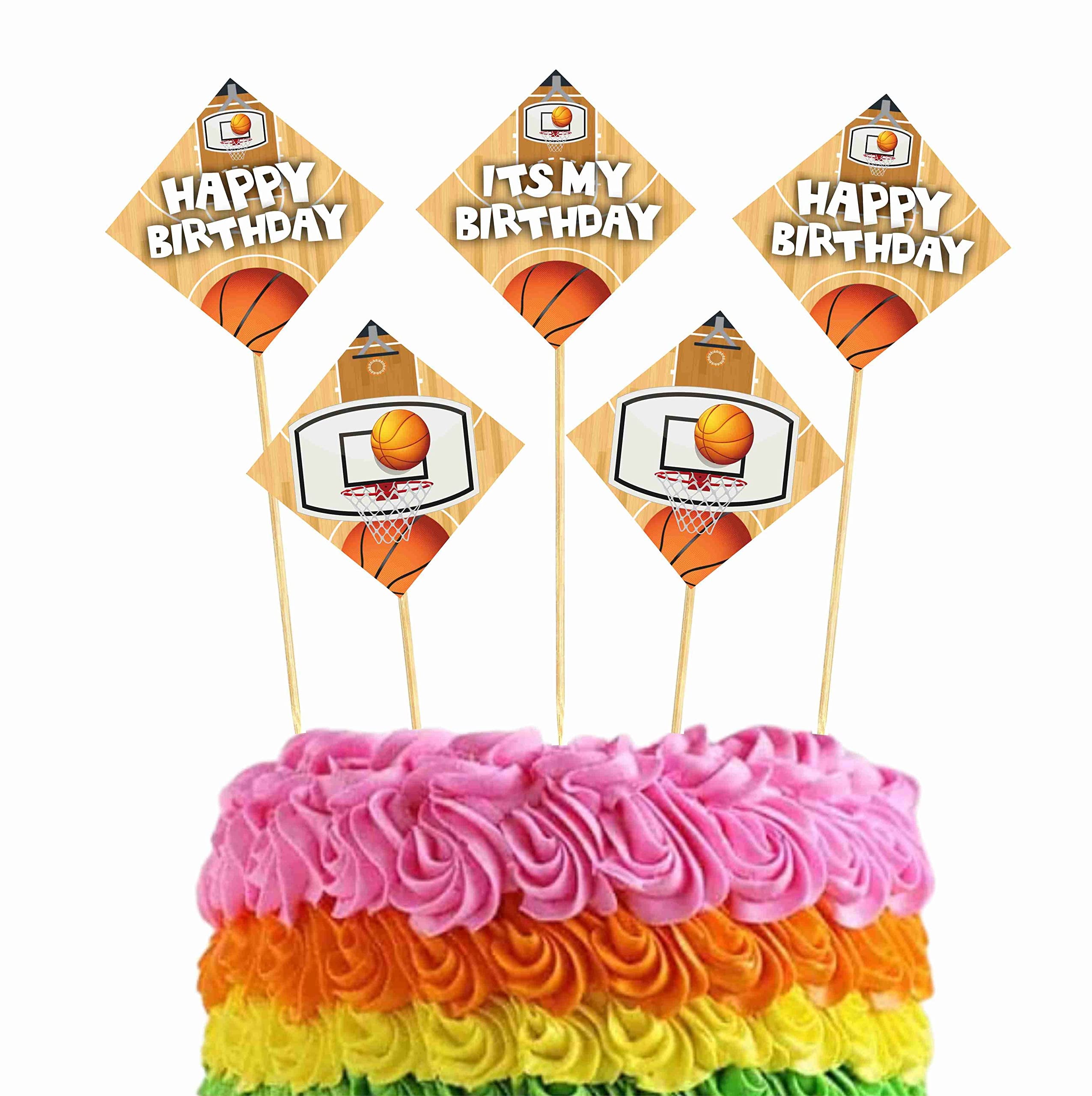 Balloonistics Basketball Theme Birthday Cake Toppers Premium Cardstock Sports Theme Cake Decorations with Bamboo Sticks for Kids Birthdays (Cake Topper - Pack of 10)