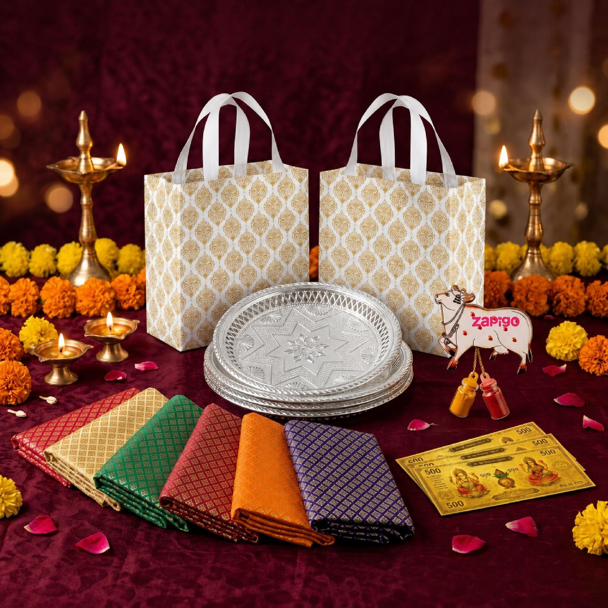 Habba Blouse Piece with Cow Kumkum, Silver Plate, Decorative Bag & Festive Gold Note, Traditional Haldi Kumkum Return Gift for Diwali, Navratri, Weddings, Pooja, Baby Shower, Housewarming - Pack of 5