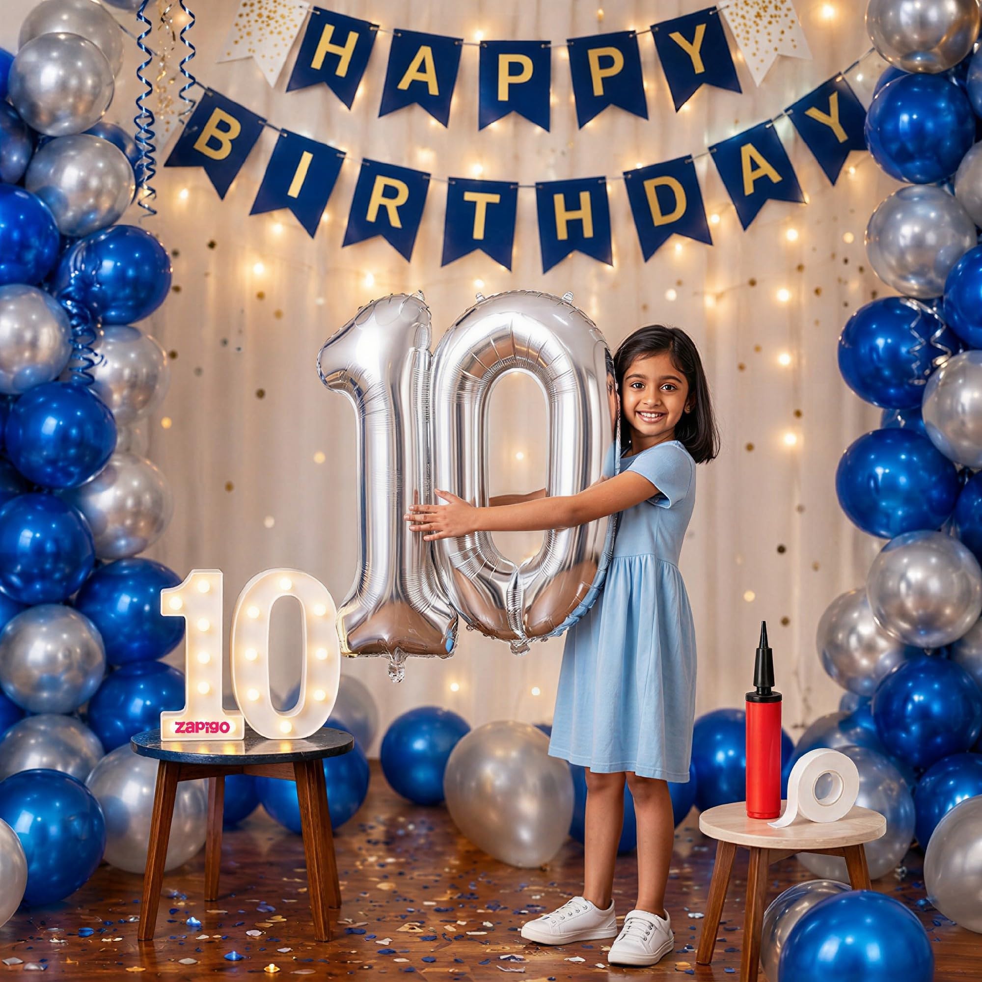 Balloonistics 10th Birthday Decoration Combo Kit - 40 Inch Silver Foil Number Balloon, LED Marquee Light, 50 Silver & Blue Balloons, Happy Birthday Banner, Balloon Pump & Glue Dots