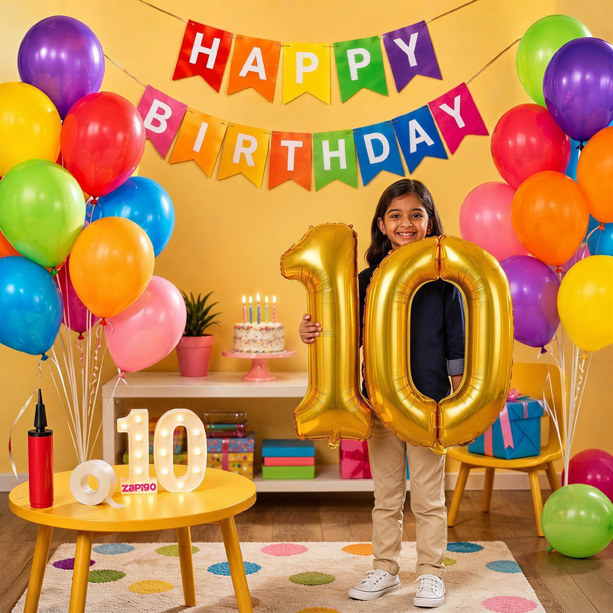 Balloonistics 10th Birthday Decoration Combo Kit - 40 Inch Gold Foil Number Balloon, LED Marquee Light, 50 Multicolor Balloons, Happy Birthday Banner, Balloon Pump & Glue Dots