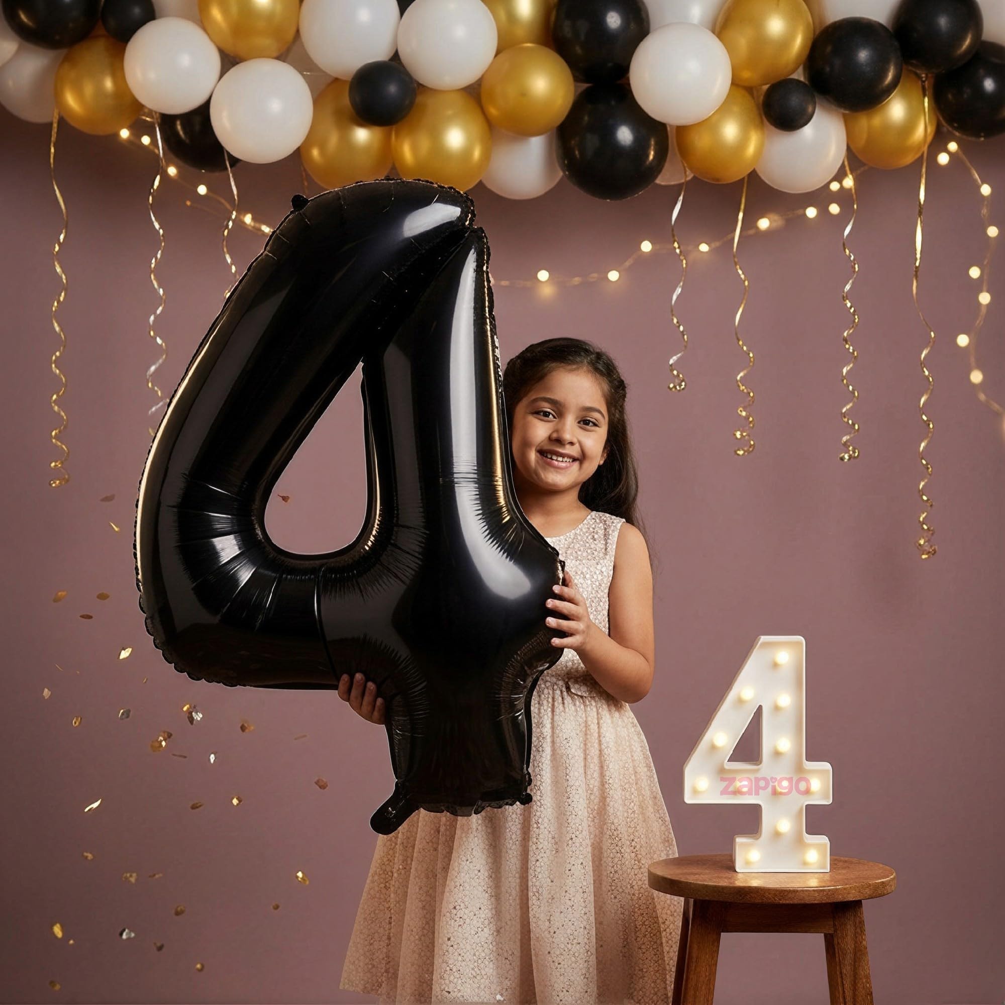 Balloonistics Black 40-Inch Foil Number 4 Balloon with Matching LED Marquee Light - Combo Set for 4th Birthday, Anniversary, Party Decoration, Photo Booth Backdrop, Cake Table Decor