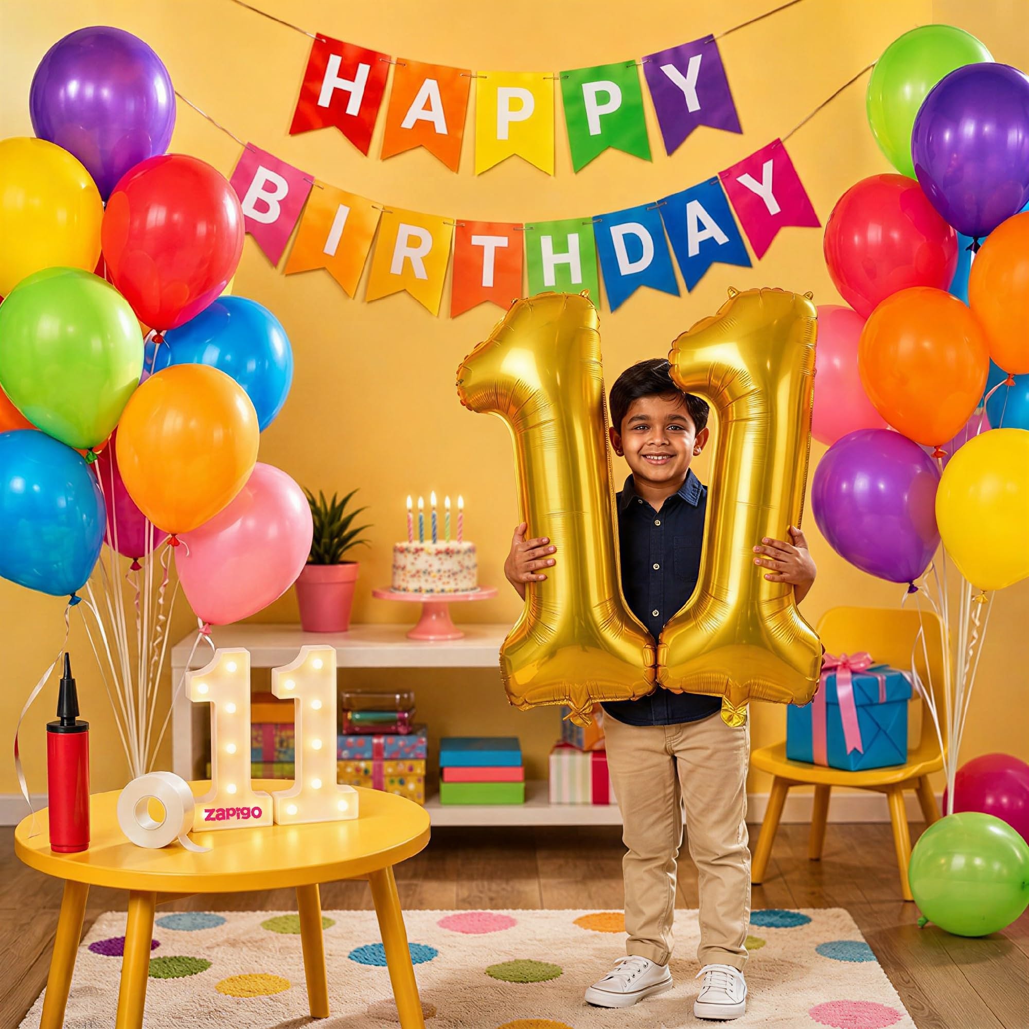 Balloonistics 11th Birthday Decoration Combo Kit - 40 Inch Gold Foil Number Balloon, LED Marquee Light, 50 Multicolor Balloons, Happy Birthday Banner, Balloon Pump & Glue Dots