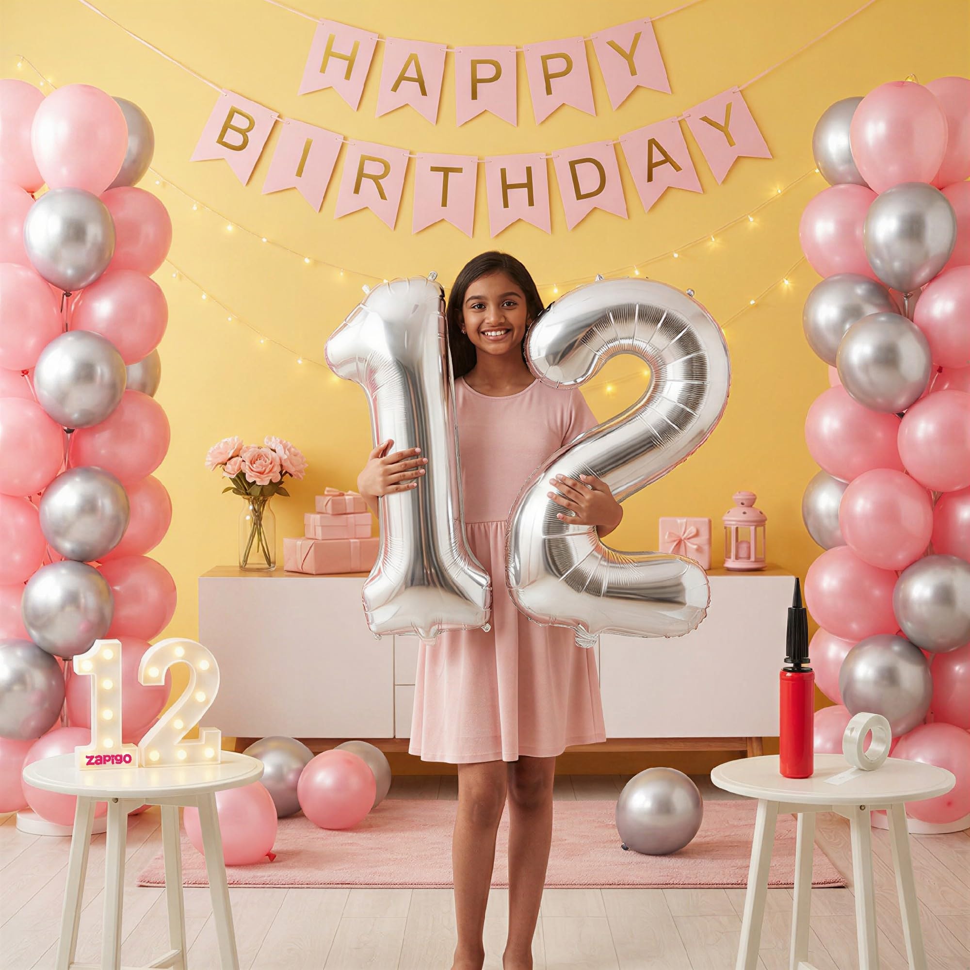 Balloonistics 12th Birthday Decoration Combo Kit - 40 Inch Silver Foil Number Balloon, LED Marquee Light, 50 Silver & Pink Balloons, Happy Birthday Banner, Balloon Pump & Glue Dots