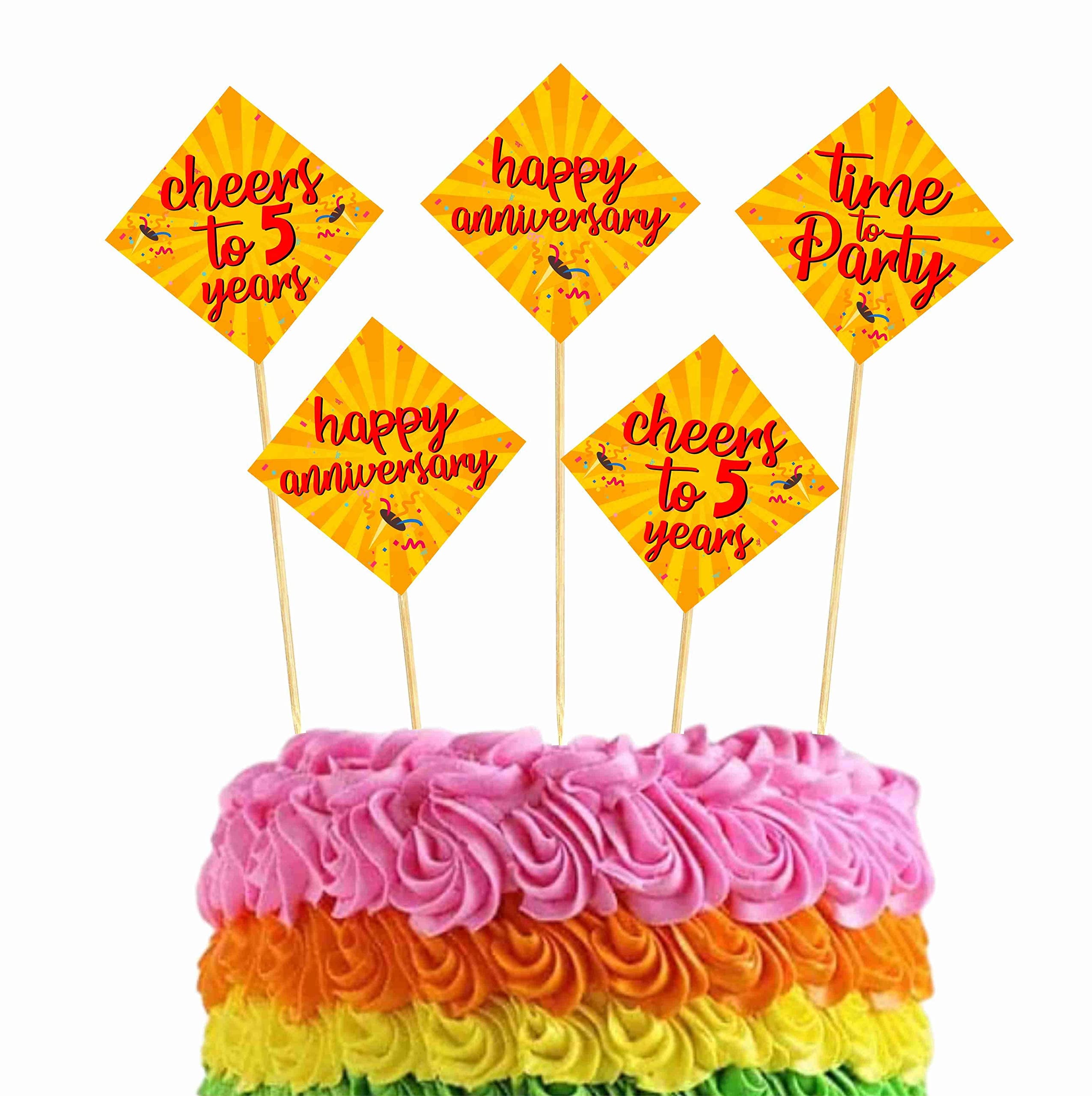 Balloonistics 5th Anniversary Cake Topper Multicolor Cardstock Picks with Natural Bamboo Sticks Anniversary Party Decorations for Cakes (Cake Topper - Pack of 10)