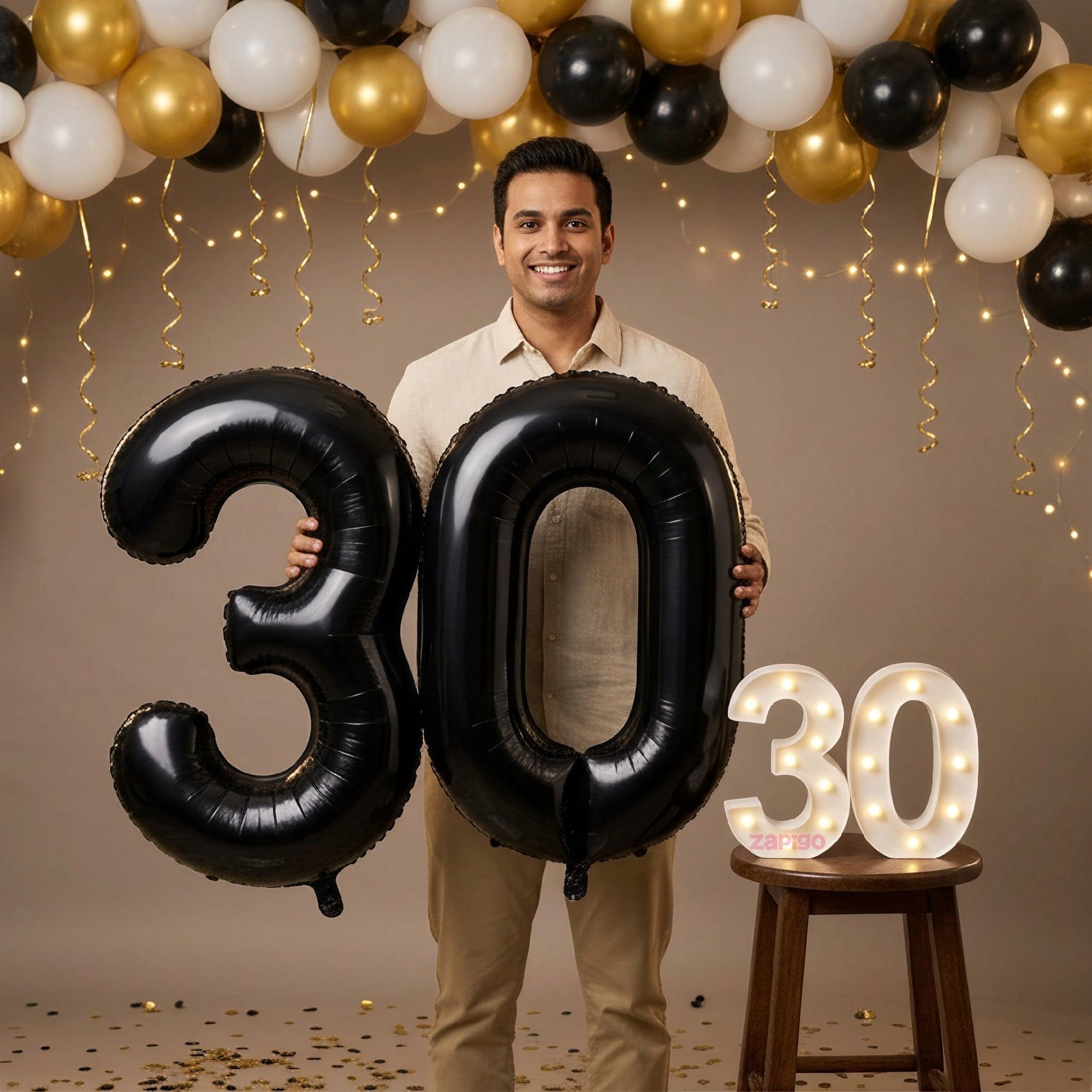 Balloonistics Black 40-Inch Foil Number 30 Balloon with Matching LED Marquee Light - Combo Set for 30th Birthday, Anniversary, Party Decoration, Photo Booth Backdrop, Cake Table Decor