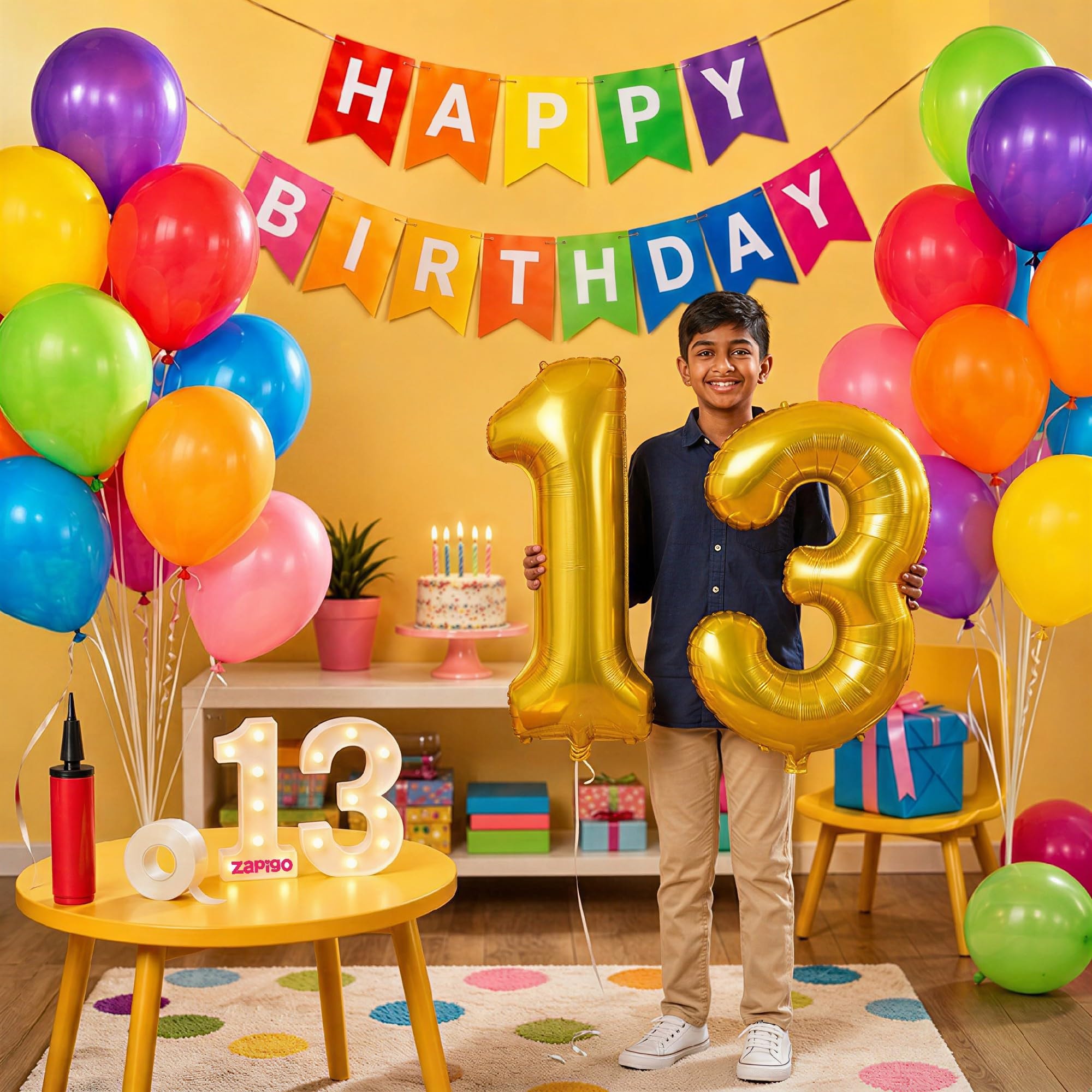Balloonistics 13th Birthday Decoration Combo Kit - 40 Inch Gold Foil Number Balloon, LED Marquee Light, 50 Multicolor Balloons, Happy Birthday Banner, Balloon Pump & Glue Dots