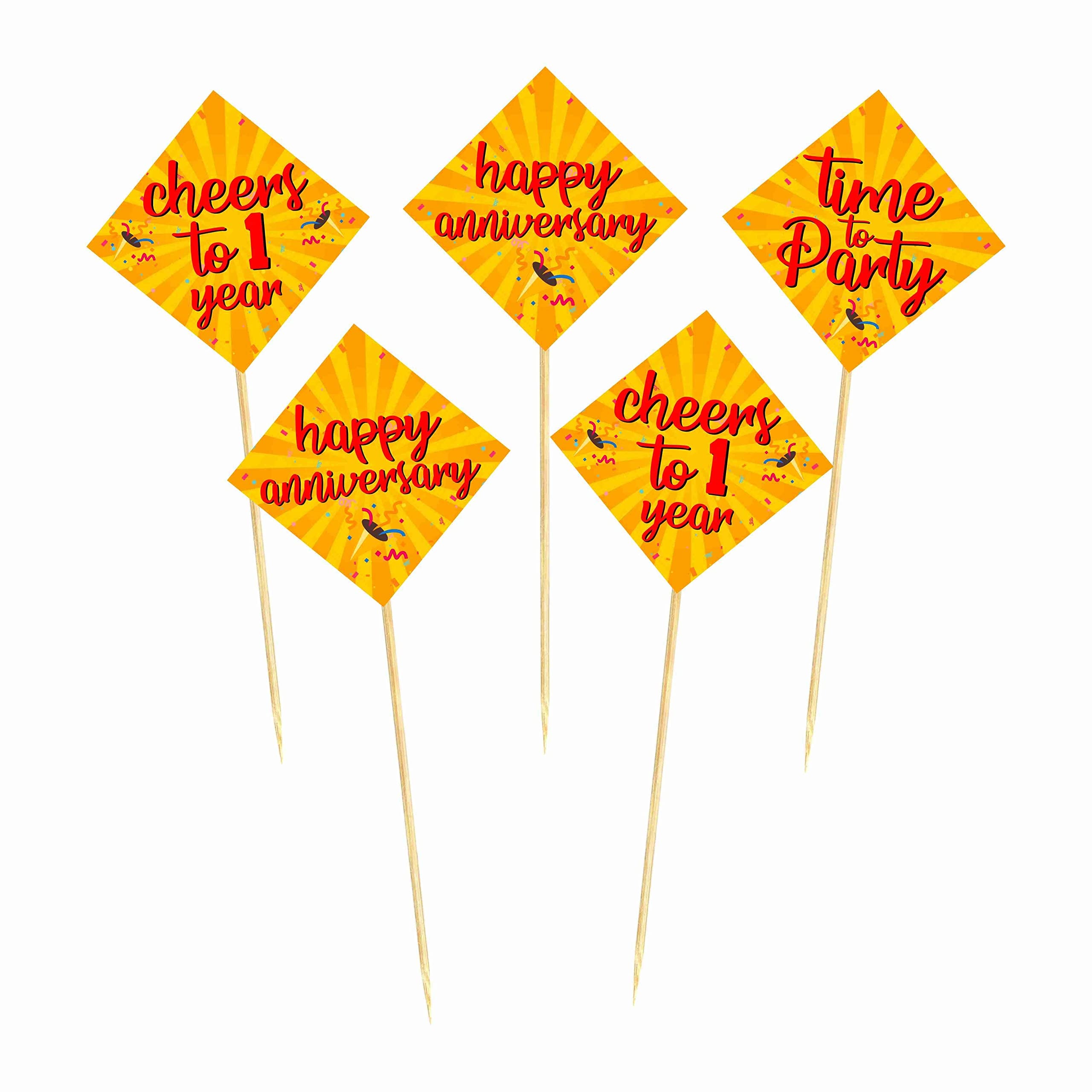 Balloonistics 1st Anniversary Cake Topper Multicolor Cardstock Cake Picks with Bamboo Sticks Anniversary Decorations for Cakes (Cake Topper - Pack of 10)
