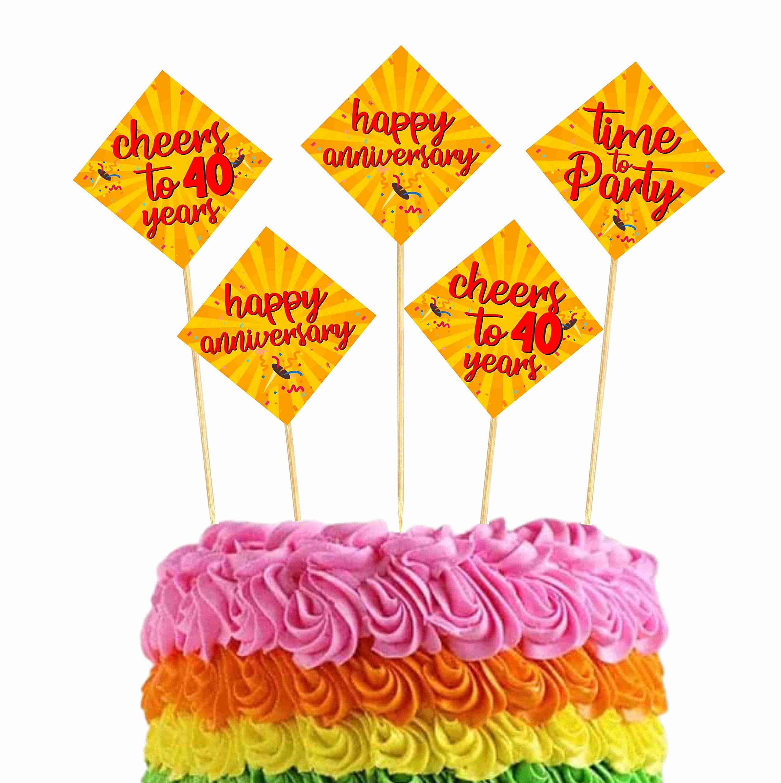Balloonistics 40th Anniversary Cake Topper Multicolor Cardstock Picks with Natural Bamboo Sticks Anniversary Party Decorations for Cakes (Cake Topper - Pack of 10)