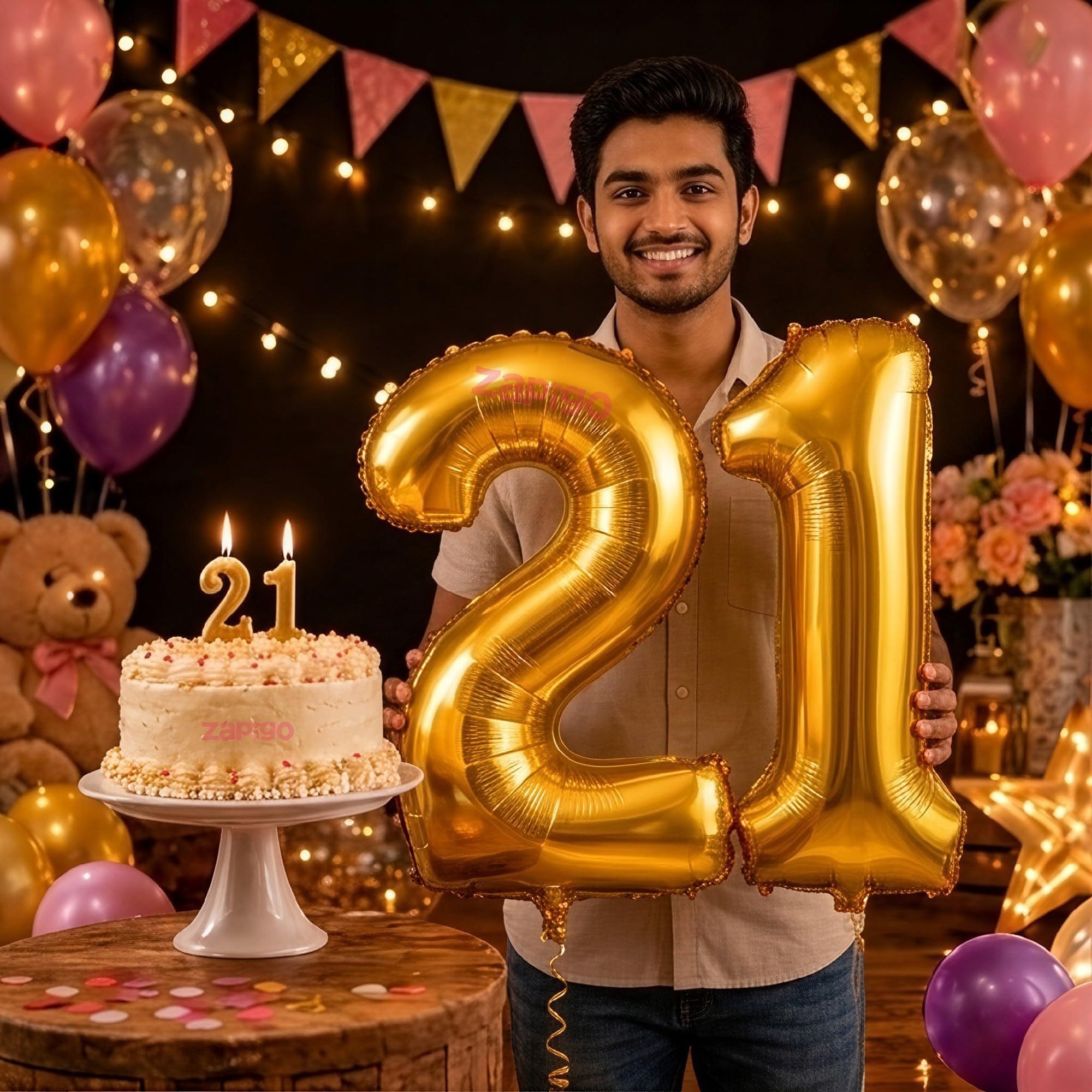 Balloonistics Gold 40-Inch Foil Number 21 Balloon with Matching Number Candle - Combo Set for 21st Birthday Decoration, Anniversary Party, Photo Booth Backdrop, Cake Table Decor