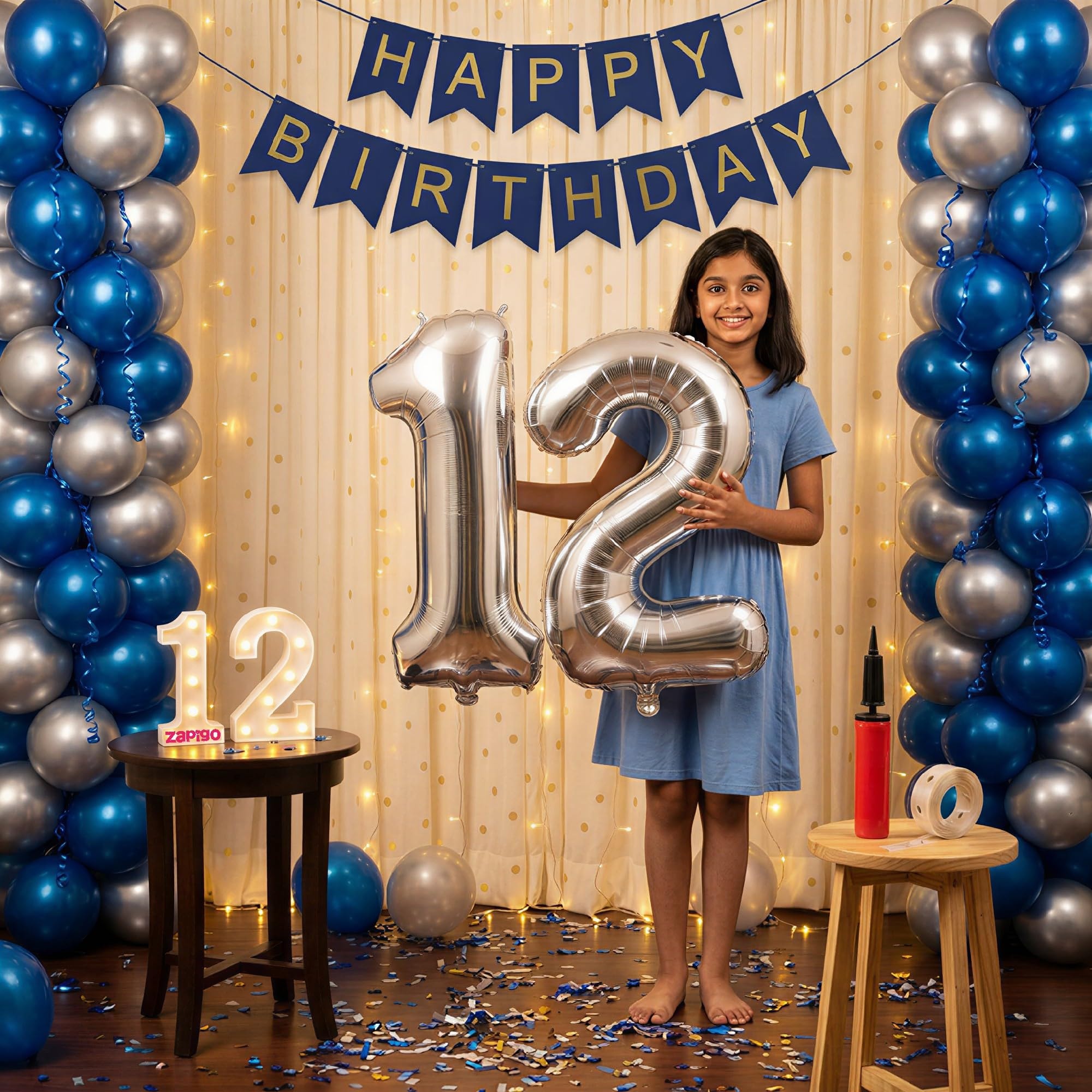 Balloonistics 12th Birthday Decoration Combo Kit - 40 Inch Silver Foil Number Balloon, LED Marquee Light, 50 Silver & Blue Balloons, Happy Birthday Banner, Balloon Pump & Glue Dots