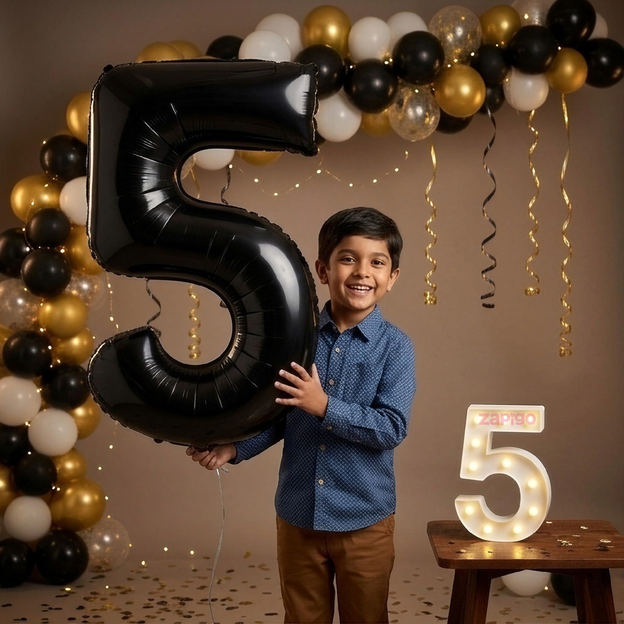Balloonistics Black 40-Inch Foil Number 5 Balloon with Matching LED Marquee Light - Combo Set for 5th Birthday, Anniversary, Party Decoration, Photo Booth Backdrop