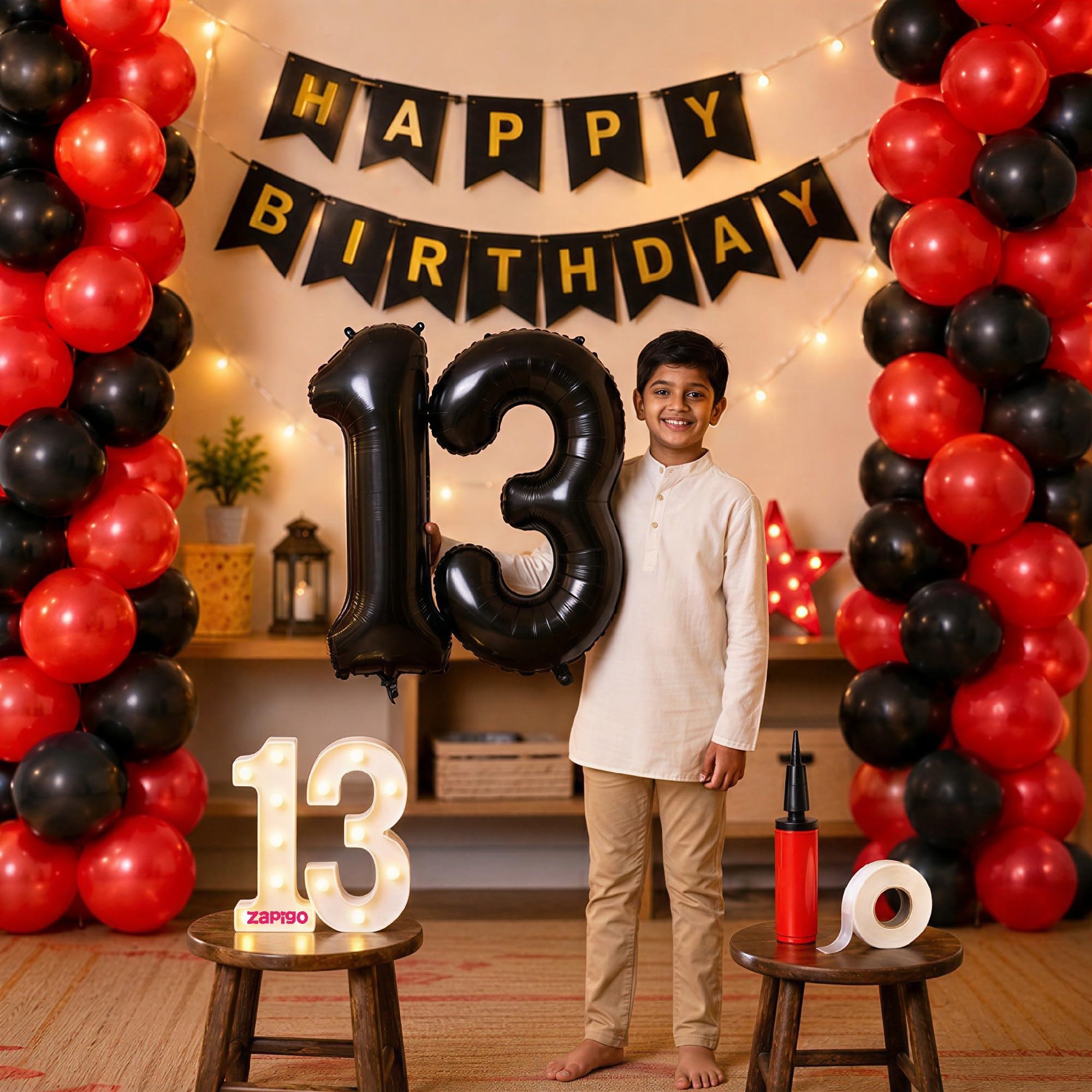 Balloonistics 13th Birthday Decoration Combo Kit - 40 Inch Black Foil Number Balloon, LED Marquee Light, 50 Black & Red Balloons, Happy Birthday Banner, Balloon Pump & Glue Dots