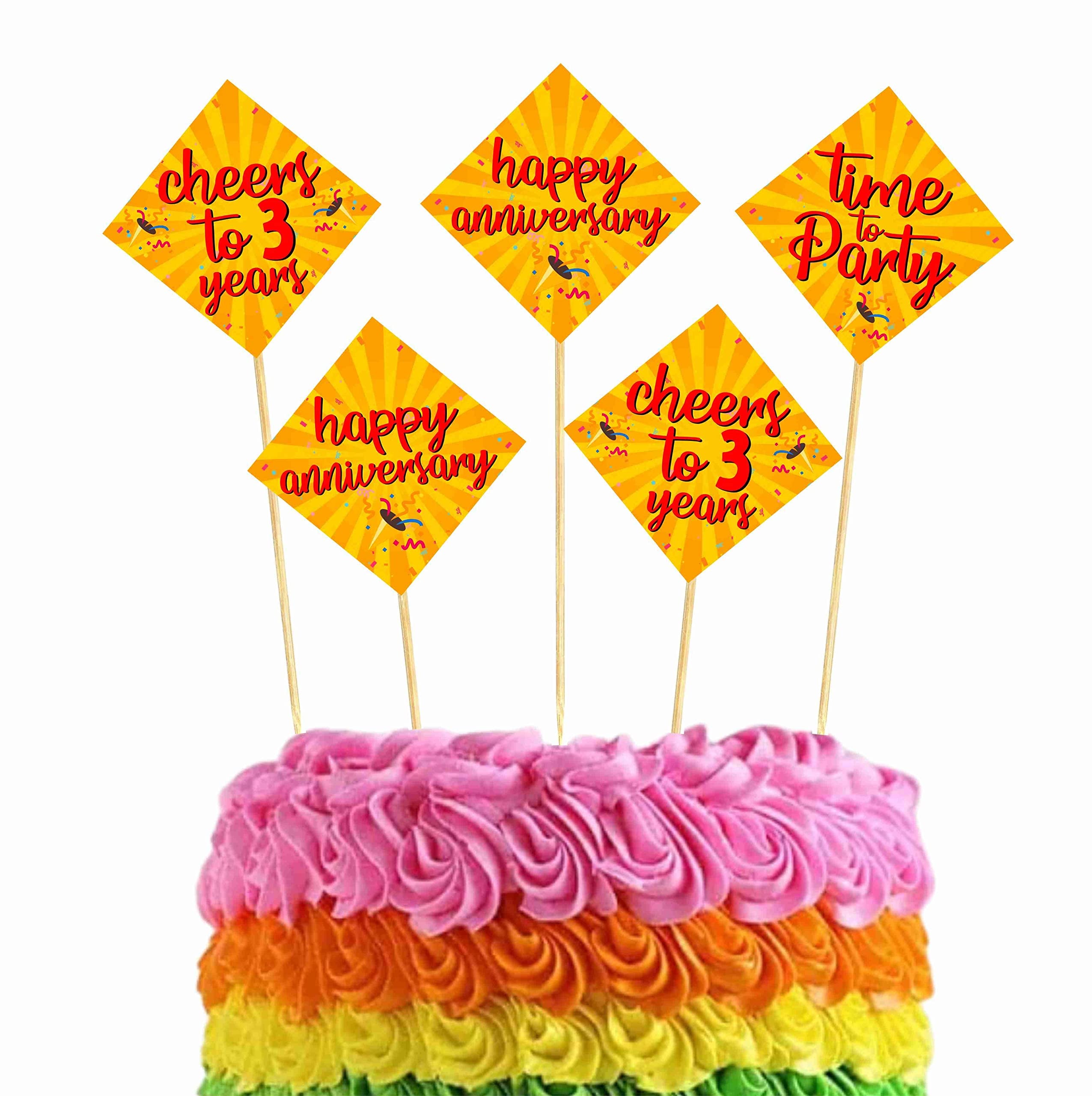 Balloonistics 3rd Anniversary Cake Topper Multicolor Cardstock Picks with Natural Bamboo Sticks Anniversary Party Decorations for Cakes (Cake Topper - Pack of 10)