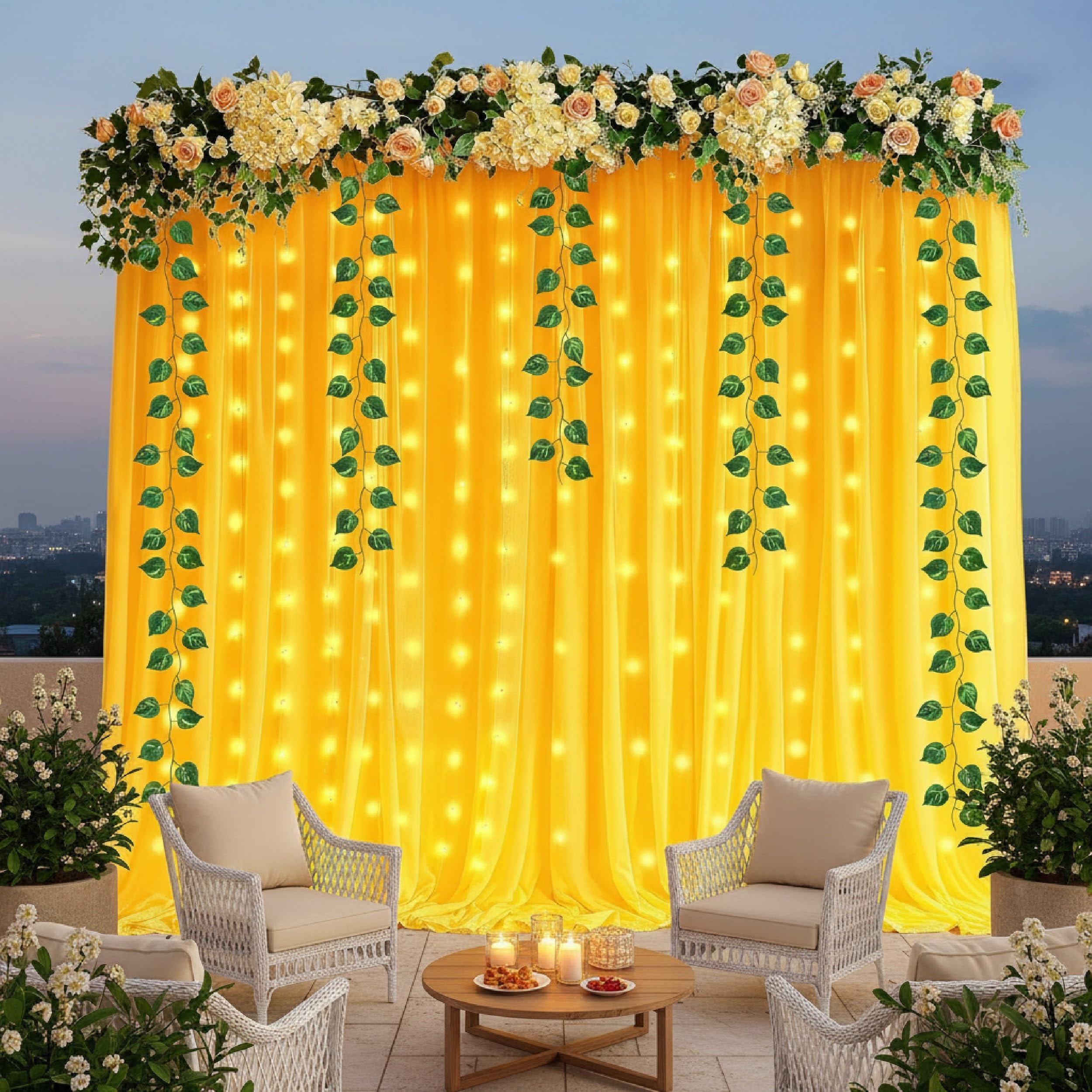 Balloonistics 8 Pcs Haldi Backdrop Decoration Kit – Vibrant Yellow Net Curtains with Money Plant Vines, Hooks & Ribbon – DIY Home Celebration Set for Haldi, Mehendi & Pooja
