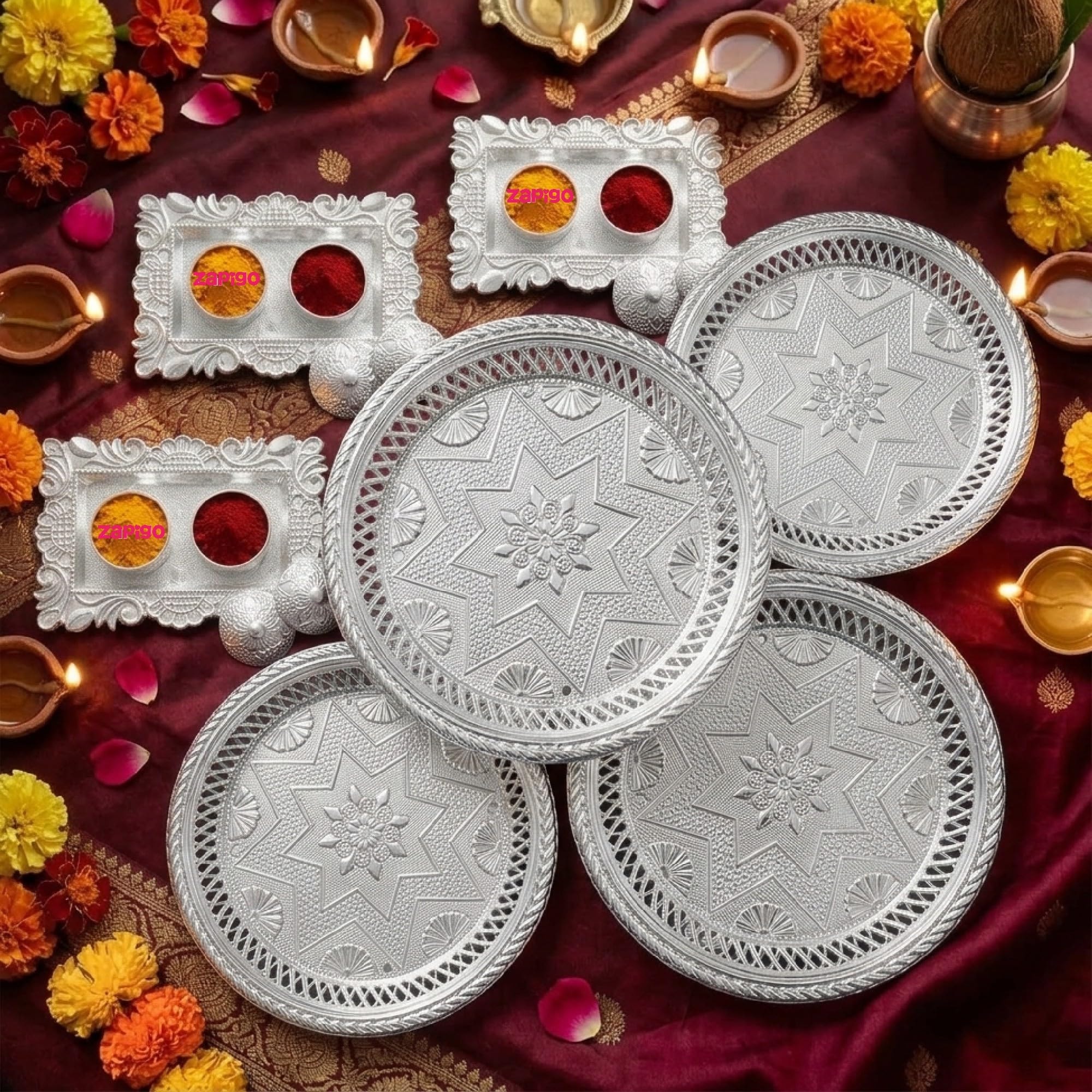 Habba Silver Plate with Kumkum Silver Box, Decorative Haldi Kumkum Holder, Traditional Pooja Thali Set for Diwali, Navratri, Varalakshmi Vratham, Wedding & Housewarming Return Gifts - Pack of 5