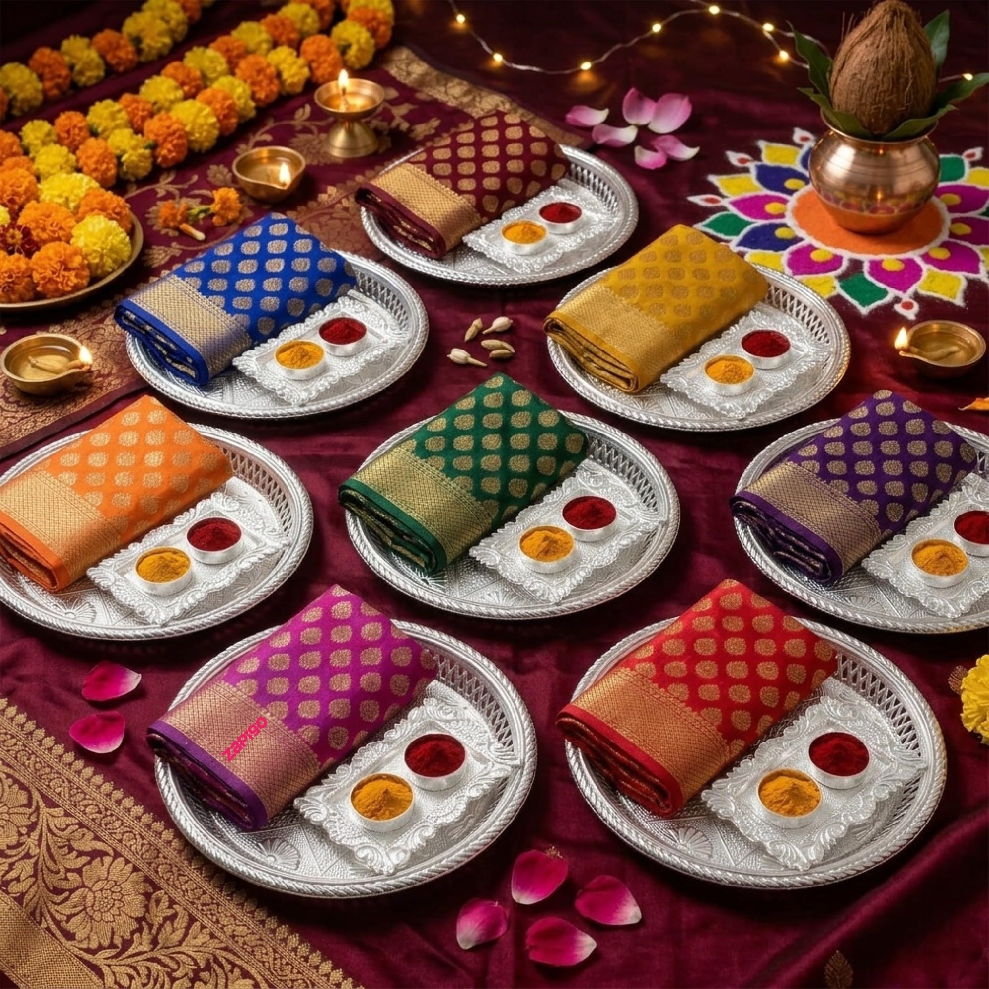 Habba Blouse Piece with Silver Plate & Kumkum Silver Box, Silk Blend Blouse Material, Traditional Haldi Kumkum Pooja Return Gift for Diwali, Navratri, Wedding, Housewarming & Festivals - Pack of 10