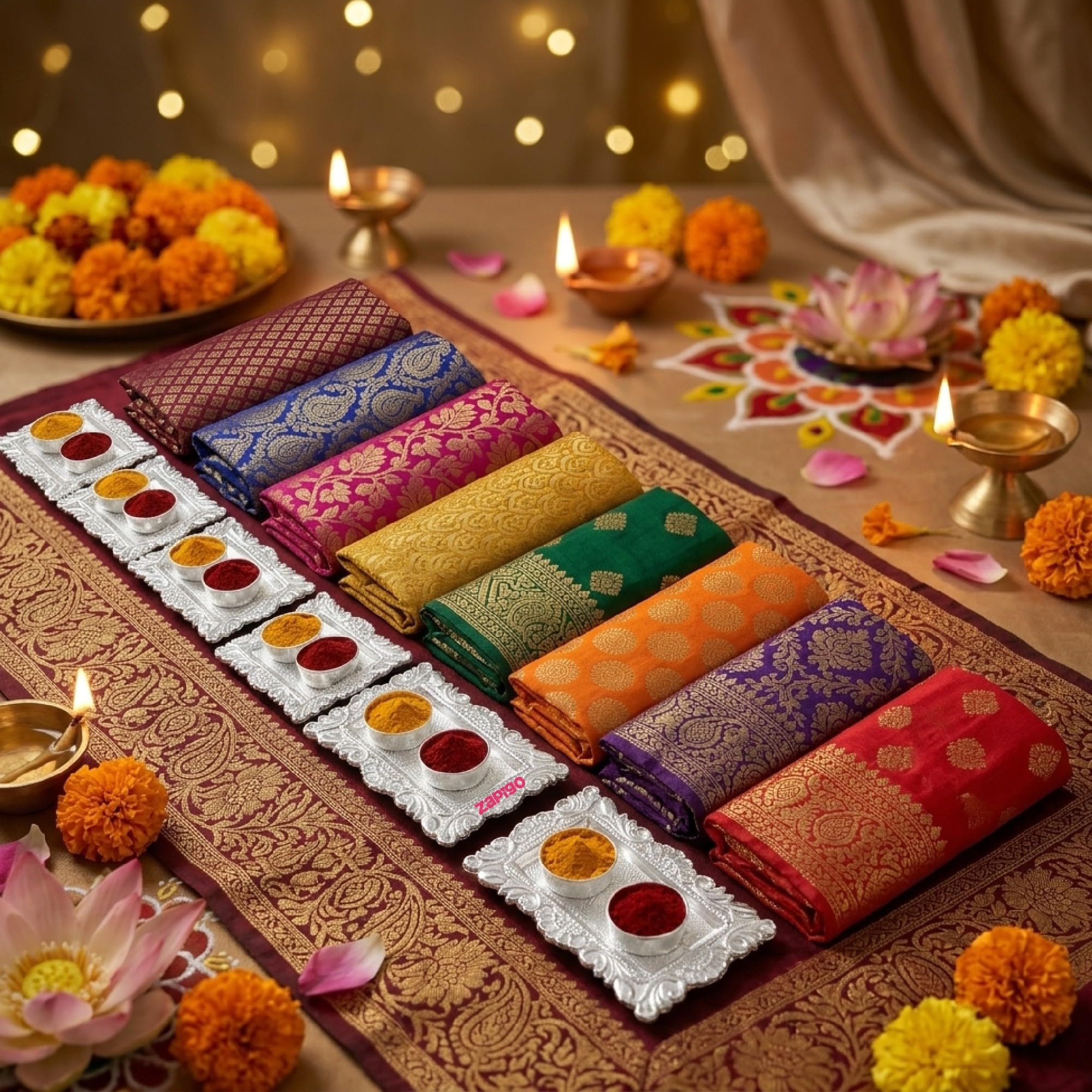 Habba Blouse Piece with Silver Kumkum Box for Women, Silk Blend Fabric & Decorative Haldi Kumkum Holder, Traditional Tambulam Return Gift for Diwali, Navratri, Wedding, Housewarming, Baby - Pack of 5