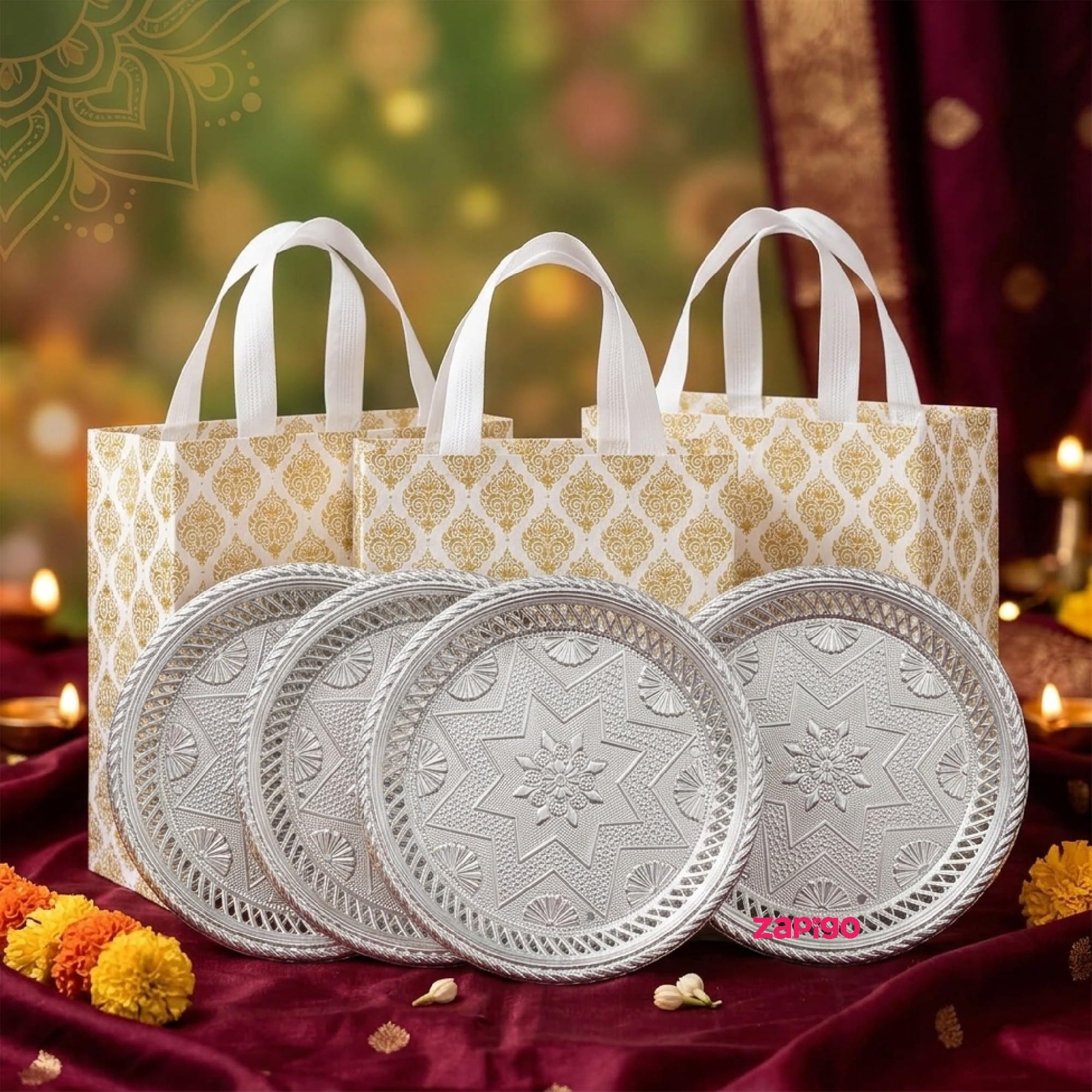 Habba Silver Decorative Plate with Laminated Carry Bag, 7 Inch Pooja Thali, Traditional Return Gift for Diwali, Navratri, Wedding, Housewarming, Baby Shower, Festivals - Pack of 5
