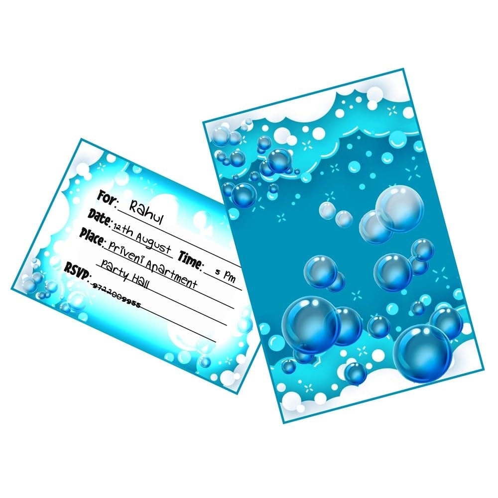 Balloonistics Bubble Theme Happy Birthday Invitations - Pack of 10 Whimsical "Pop" Party Invites with Envelopes - Premium Cardstock Double-Sided Iridescent Bubble & Blue Sky Stationery, Kids Bubbly Birthday Invites (Invite Cards - Pack of 10)