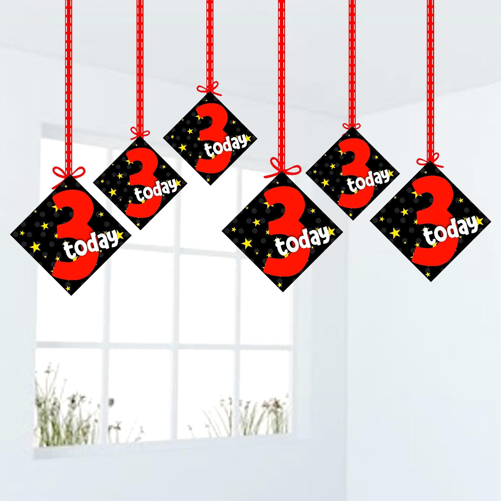 Balloonistics "I Am Three" 3rd Birthday Hanging Decorations Double-Sided Cardstock with Ribbons Multicolor Party Supplies for Kids (Hangings - Pack of 12)