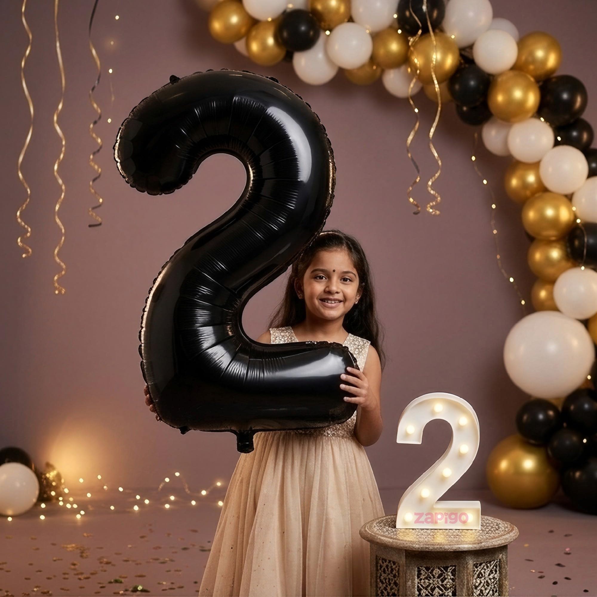 Balloonistics Black 40-Inch Foil Number 2 Balloon with Matching LED Marquee Light - Combo Set for 2nd Birthday, Anniversary, Party Decoration, Photo Booth Backdrop, Cake Table Decor