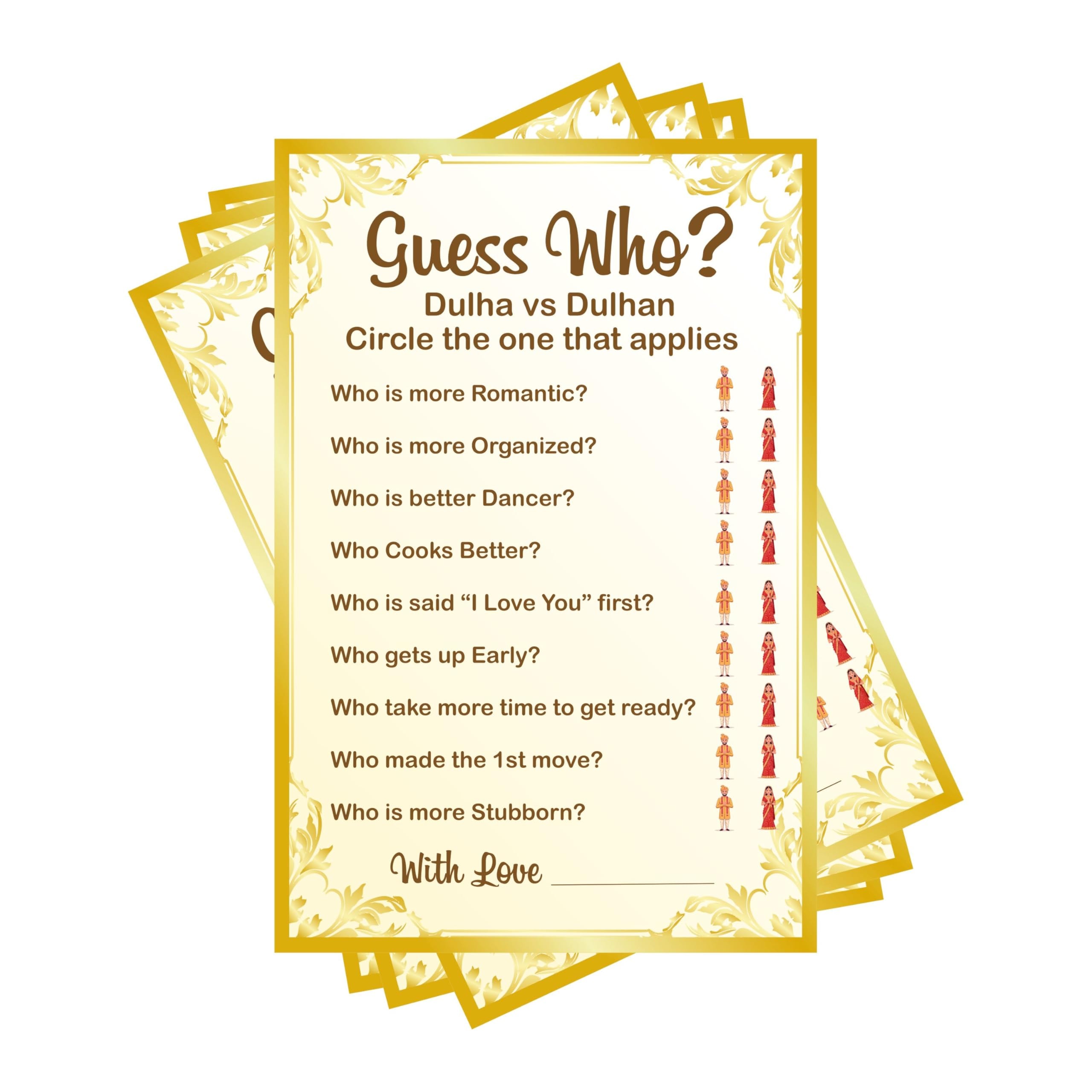 Balloonistics Guess Who Dulha vs Dulhan Game Cards – Pack of 10 – Fun Interactive Wedding Guest Activity for Mehndi, Sangeet, Haldi & Bridal Showers – Premium Cardstock