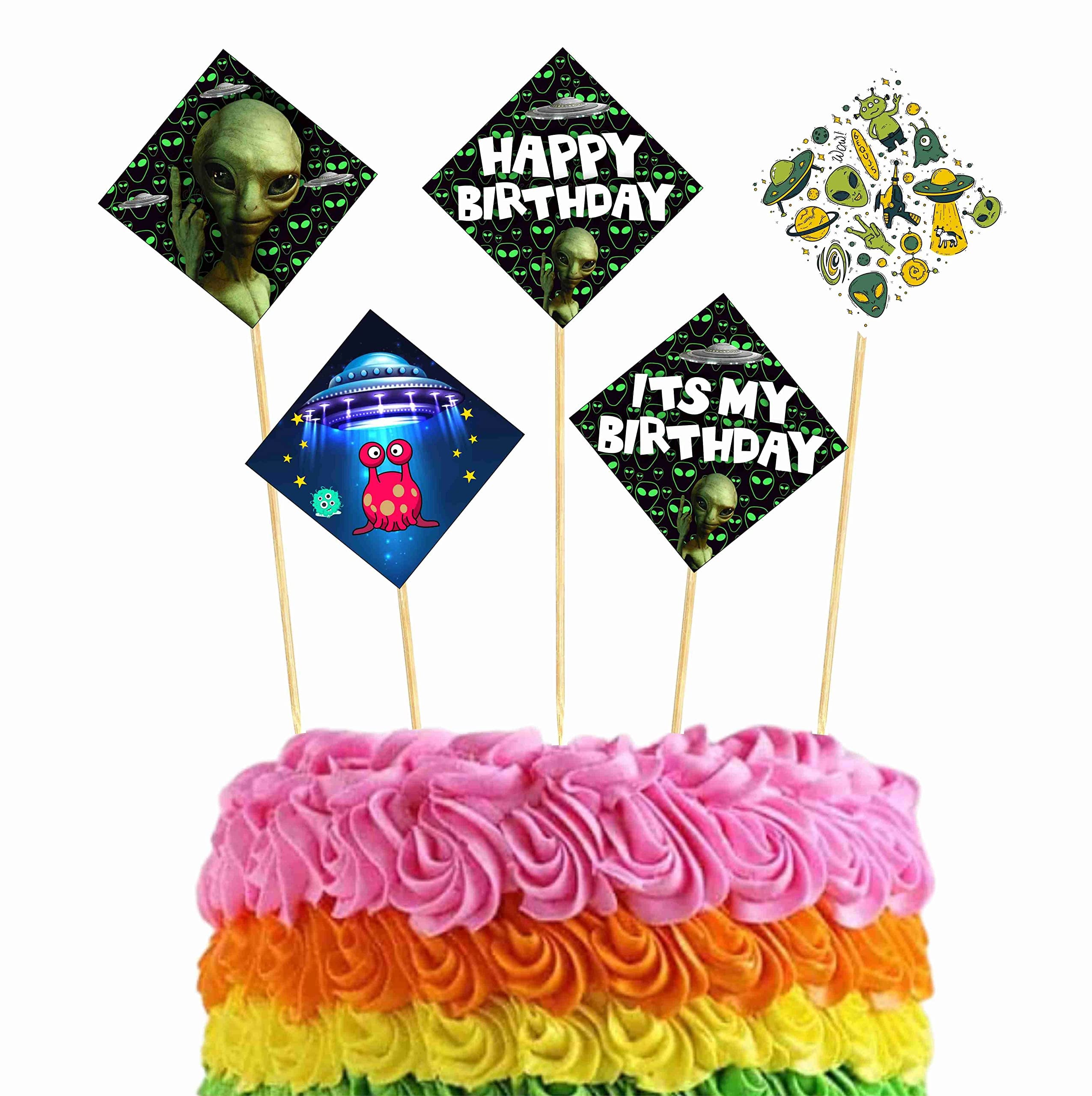Balloonistics Aliens Theme Happy Birthday Cake Toppers - Pack of 10 Out of This World Galaxy & Outer Space Cake Decorations with Bamboo Sticks - Premium Cardstock "We Come in Peace" Toppers for UFO & Martian Theme Parties (Cake Topper - Pack of 10)