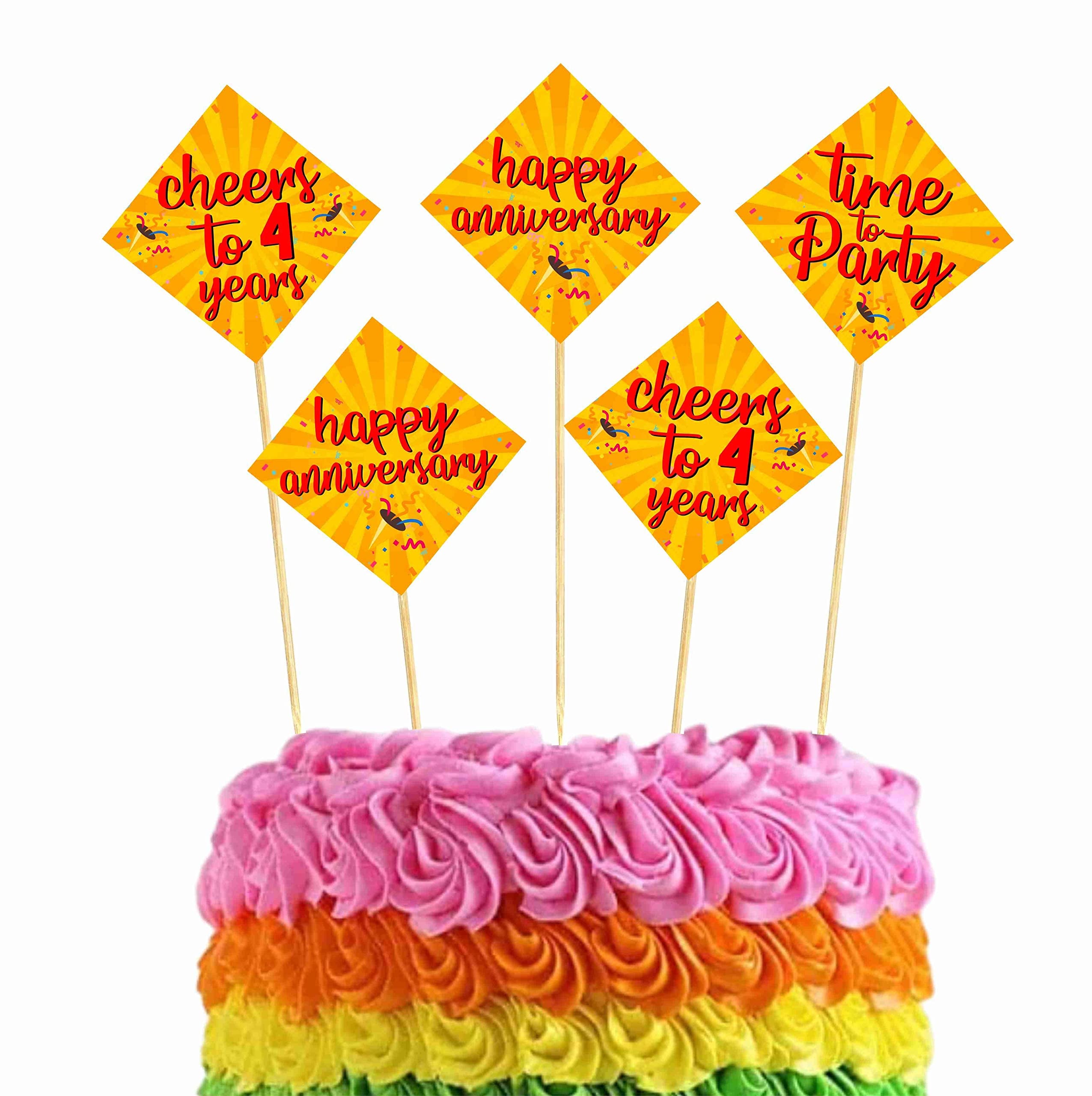 Balloonistics 4th Anniversary Cake Topper Multicolor Cardstock Picks with Natural Bamboo Sticks Anniversary Party Decorations for Cakes (Cake Topper - Pack of 10)