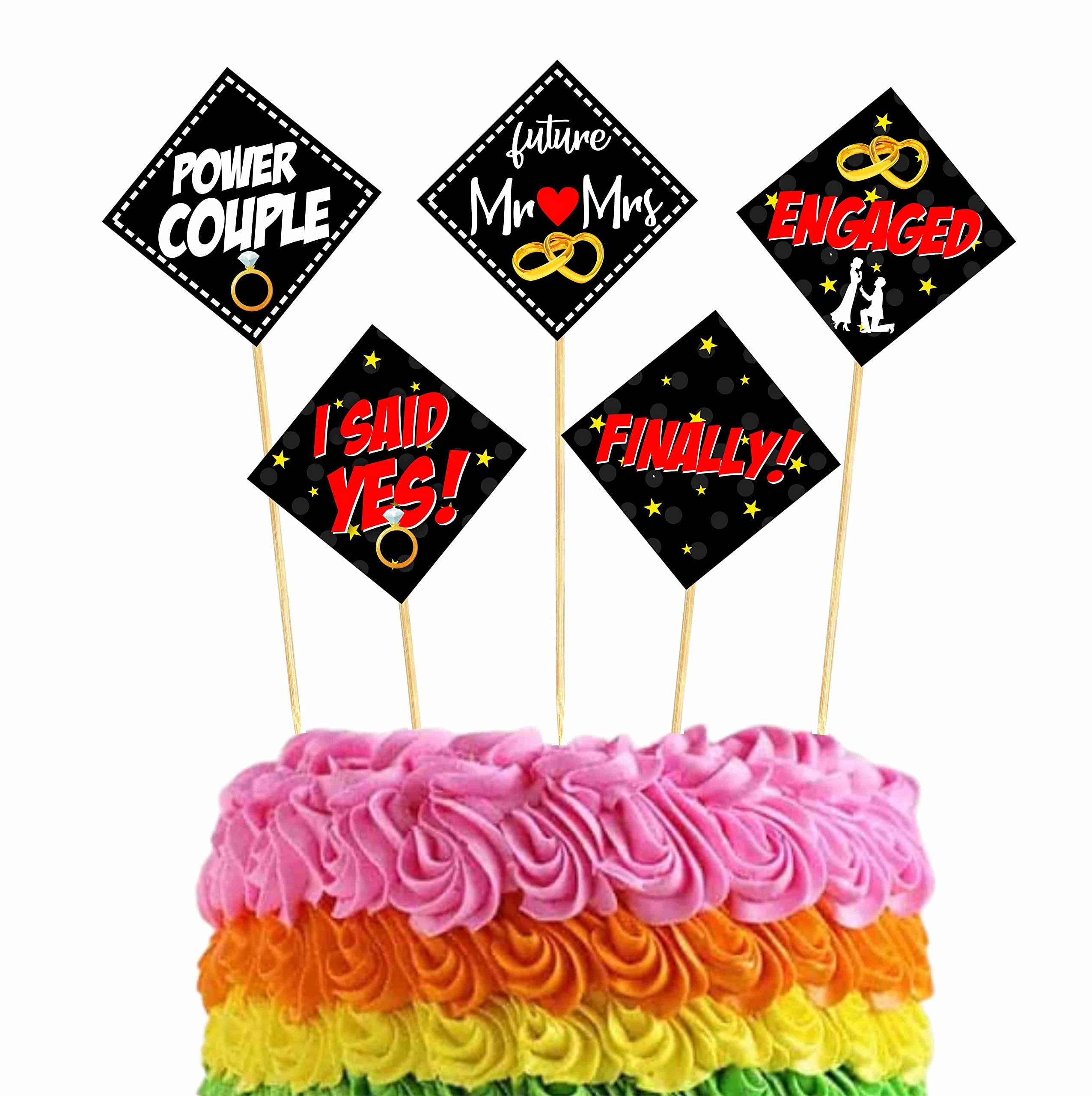 Balloonistics Engagement Theme Cake Topper Set Cardstock Cake Decorations with Bamboo Sticks Premium Toppers for Proposals (Cake Topper - Pack of 10)