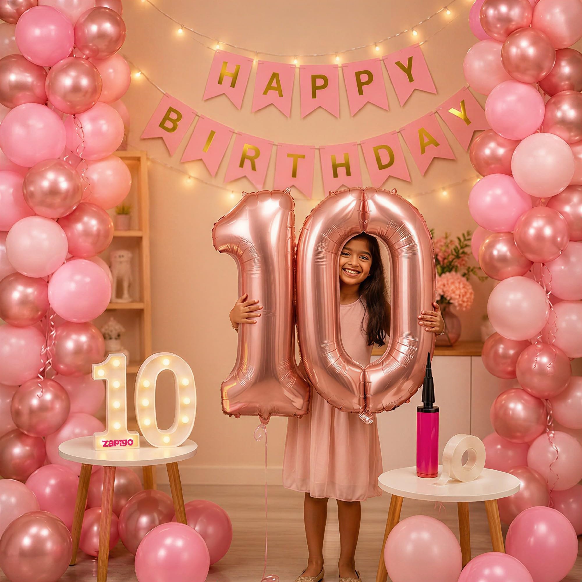 Balloonistics 10th Birthday Decoration Combo Kit - 40 Inch Rose Gold Foil Number Balloon, LED Marquee Light, 50 Rose Gold & Pink Balloons, Happy Birthday Banner, Balloon Pump & Glue Dots