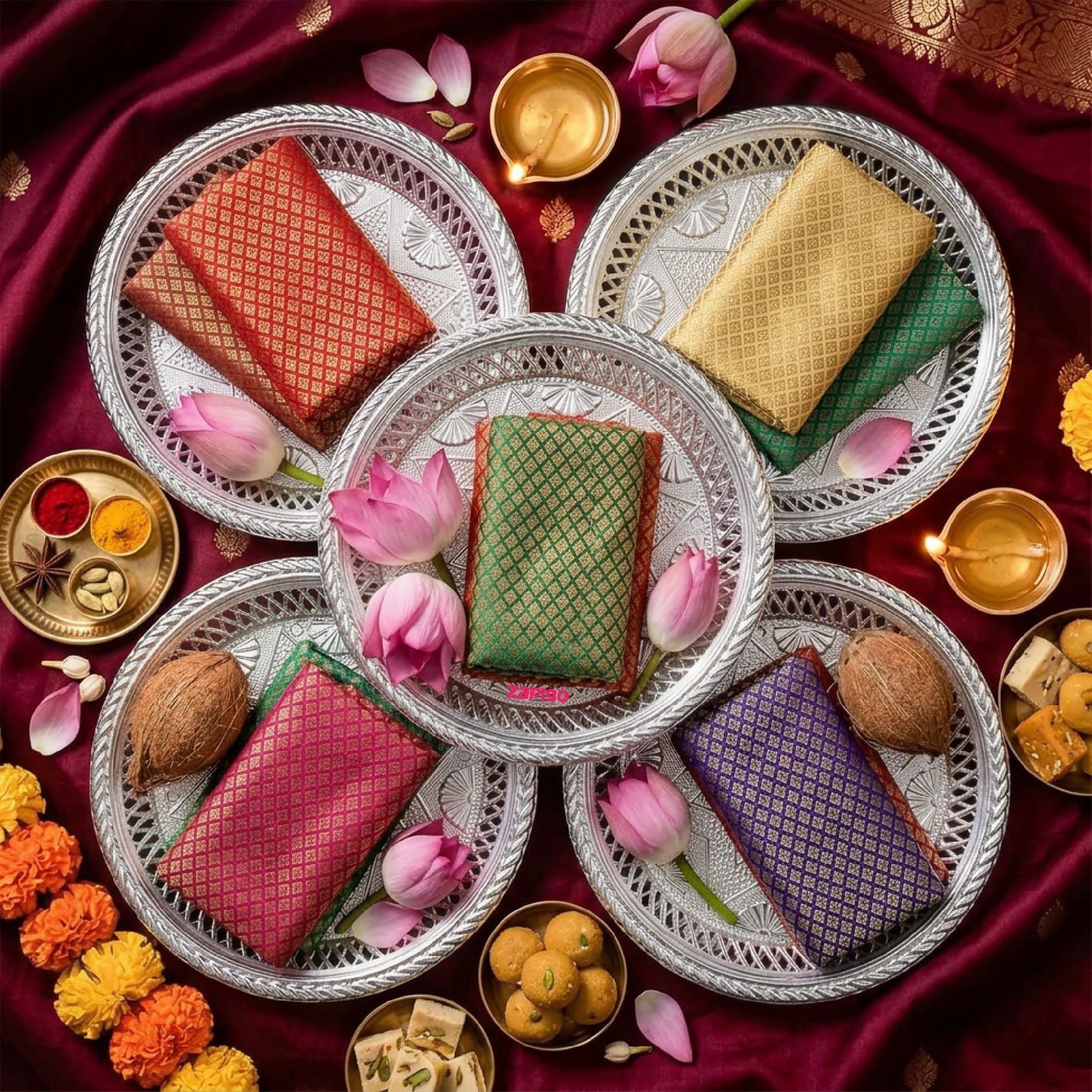 Habba Blouse Piece with Decorative Silver Plate, Silk Blend Fabric & Reusable Pooja Plate, Traditional Haldi Kumkum Return Gift for Diwali, Navratri, Varalakshmi Vratham, Wedding - Pack of 5