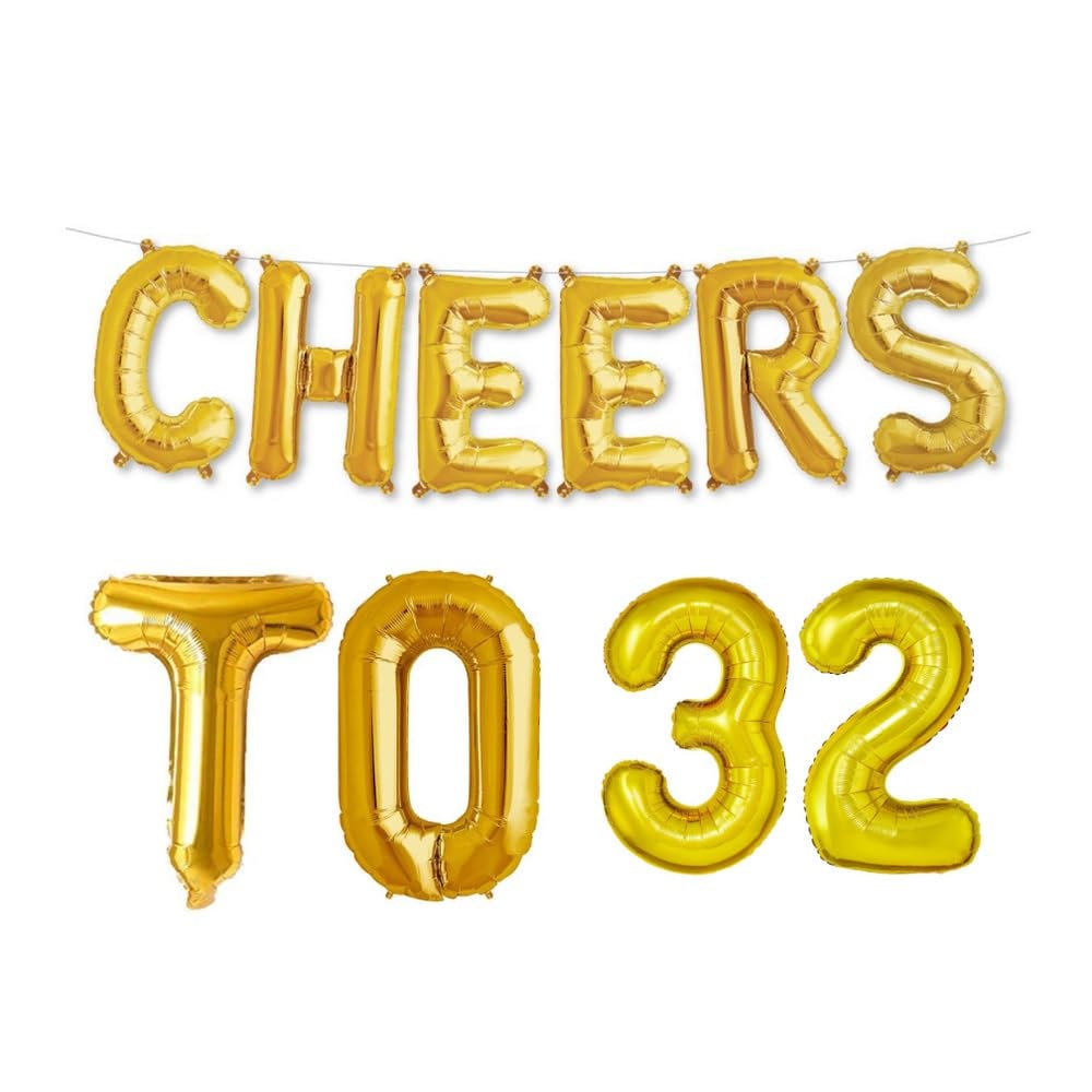 Balloonistics 'Cheers to 32' Gold Foil Balloon Combo – Number 32 Balloon for 32nd Birthday & Anniversary Decoration