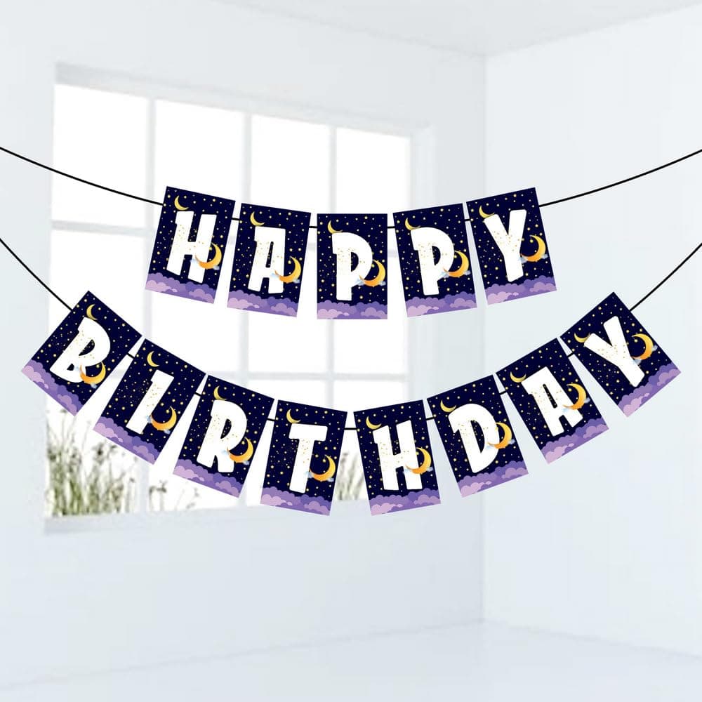 Balloonistics Moon and Stars Happy Birthday Banner - Double-Sided Cardstock Bunting with Ribbon - Twinkle Twinkle Little Star & Celestial Theme Party Decorations, Over the Moon Birthday Backdrop (Happy Birthday Banner)