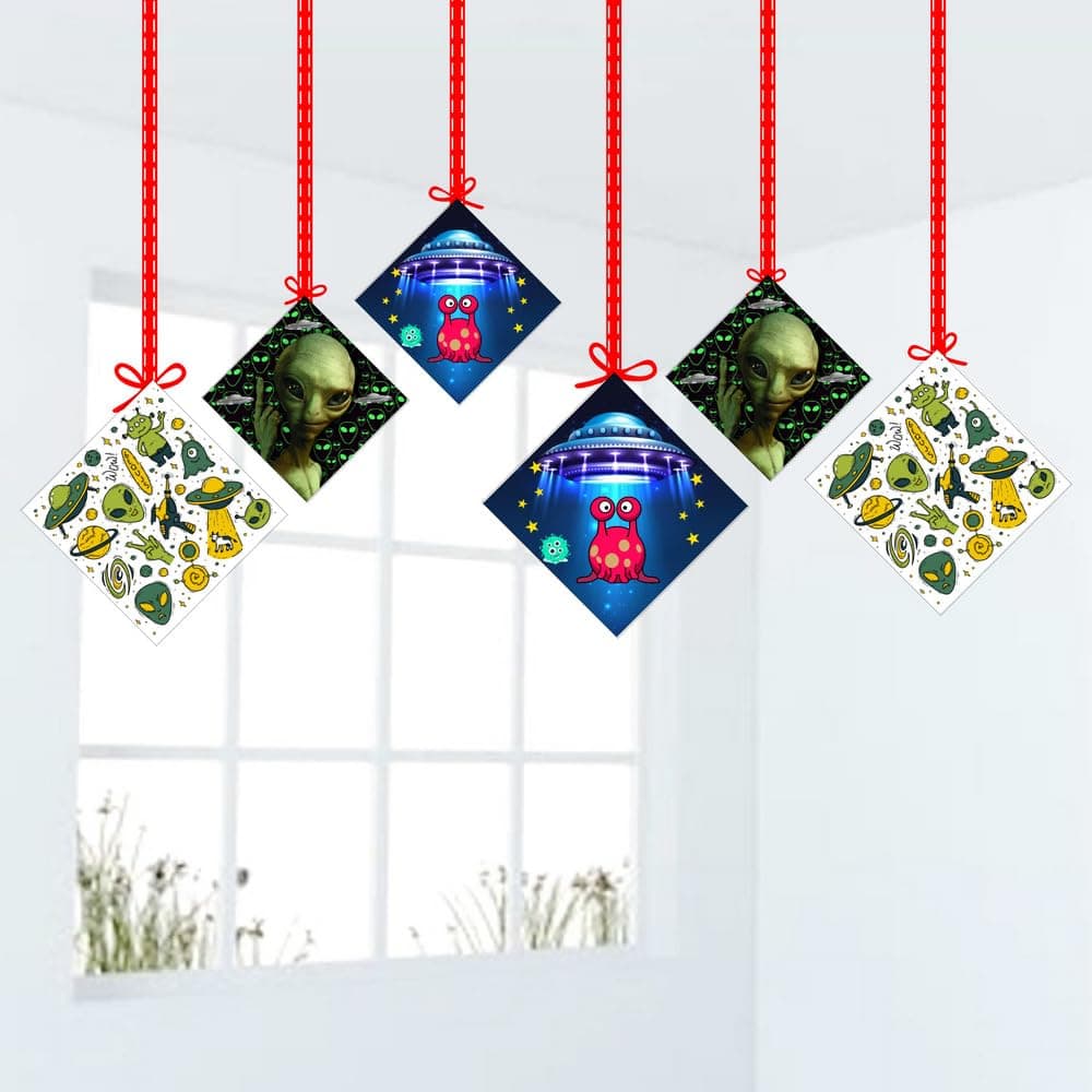 Balloonistics Alien Theme Birthday Hanging Decorations - Pack of 12 Double-Sided Cardstock Swirls & Cutouts - Out of This World Galaxy & Outer Space Party Decor, UFO & Martian Ceiling Hangings (Hangings - Pack of 12)