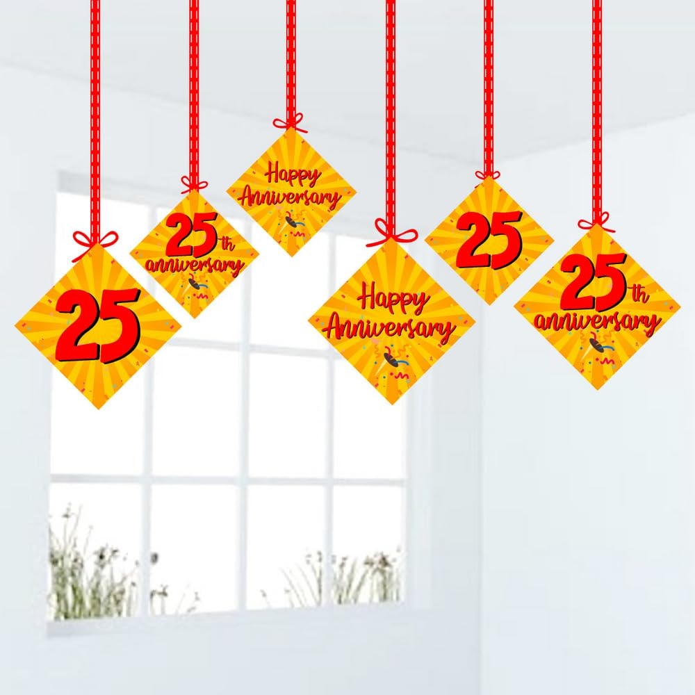 Balloonistics 25th Anniversary Hanging Decorations Double-Sided Multicolor Cardstock Ceiling Decor with Ribbons Anniversary Party Supplies for Home (Hangings - Pack of 12)