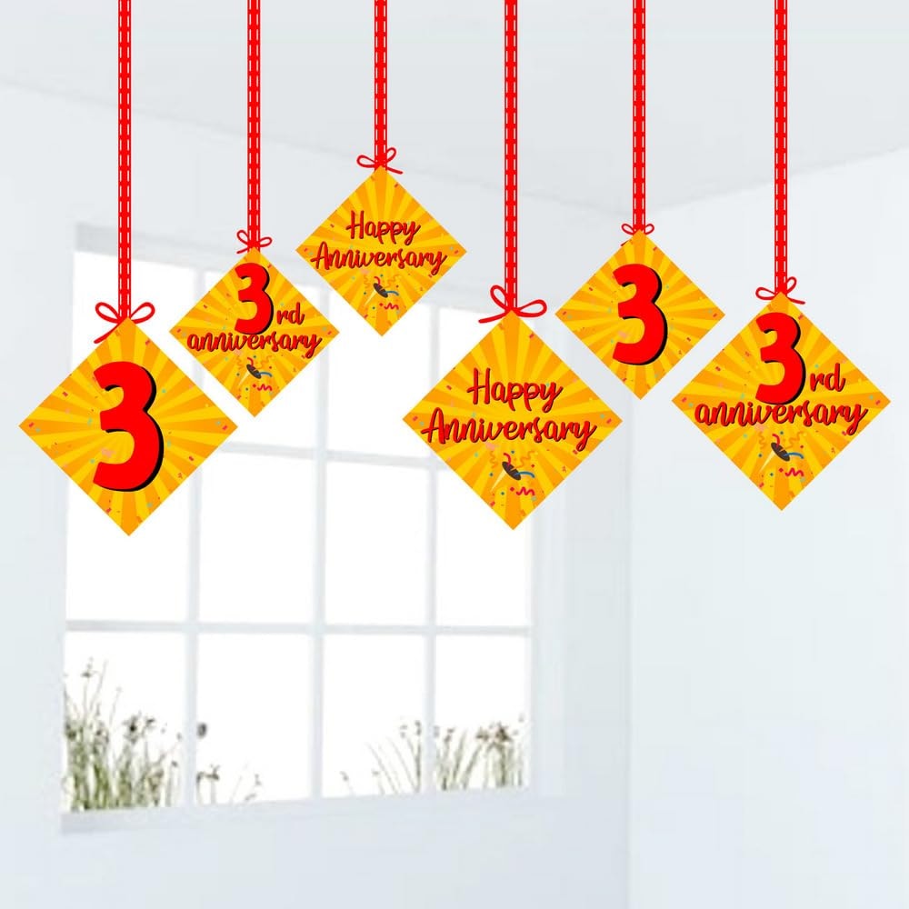 Balloonistics 3rd Anniversary Hanging Decorations Double-Sided Multicolor Cardstock Ceiling Decor with Ribbons Anniversary Party Supplies for Home (Hangings - Pack of 12)