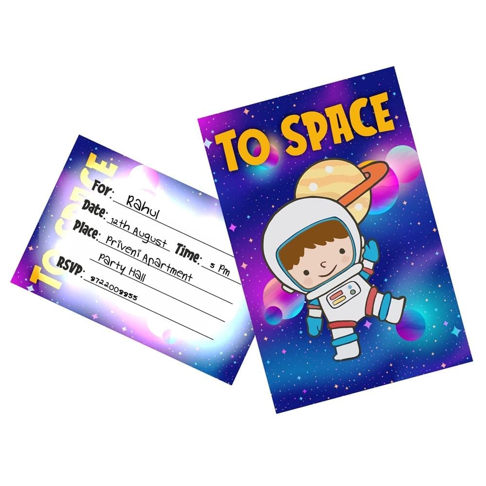 Balloonistics Space Theme Invitation Cards Double-Sided Cardstock Invites Party Supplies for Kids Birthdays (Invite Cards - Pack of 10)