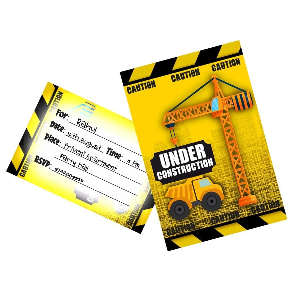 Balloonistics Construction Birthday Invitations Double-Sided Cardstock Party Invite Cards Excavator & Dump Truck Theme for Boys (Invite Card - Pack of 10)