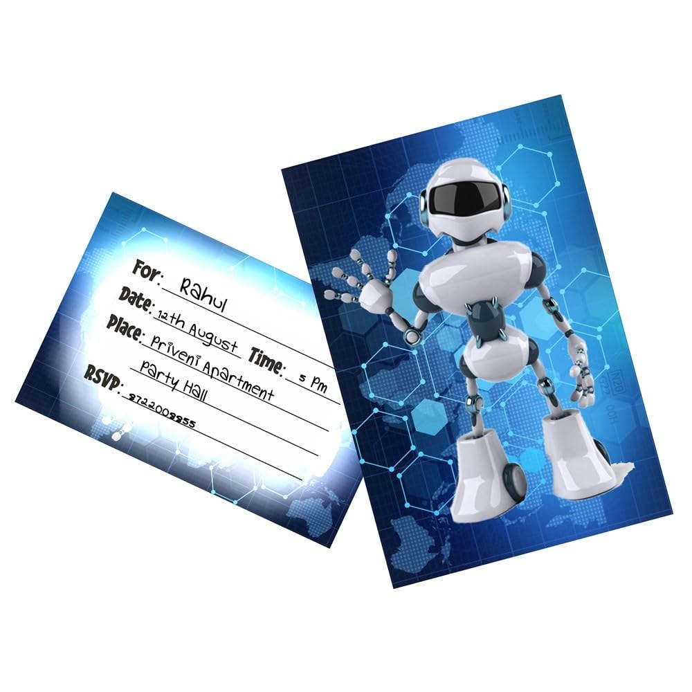 Balloonistics Robot Theme Birthday Invitation Cards - Pack of 10 Double-Sided Cardstock Invites - Futuristic Sci-Fi Party Invitations with Fill-in Details for Kids, Boys & STEM Theme Birthdays (Invite Cards - Pack of 10)