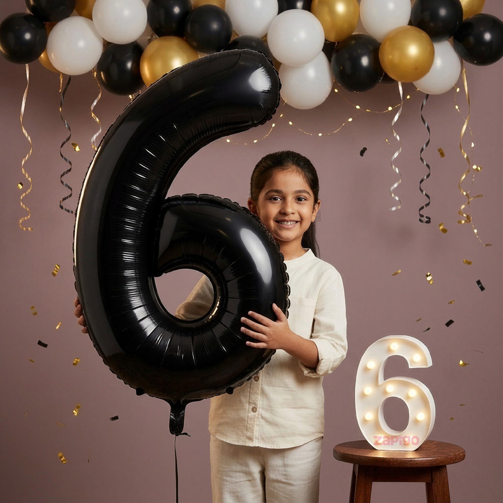 Balloonistics Black 40-Inch Foil Number 6 Balloon with Matching LED Marquee Light - Combo Set for 6th Birthday, Anniversary, Party Decoration, Photo Booth Backdrop