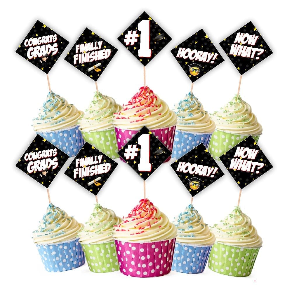 Balloonistics Congrats Graduate Cake Toppers – Pack of 20 Premium Cardstock Cupcake Picks – Elegant Black & Gold Class Graduation Party Decorations