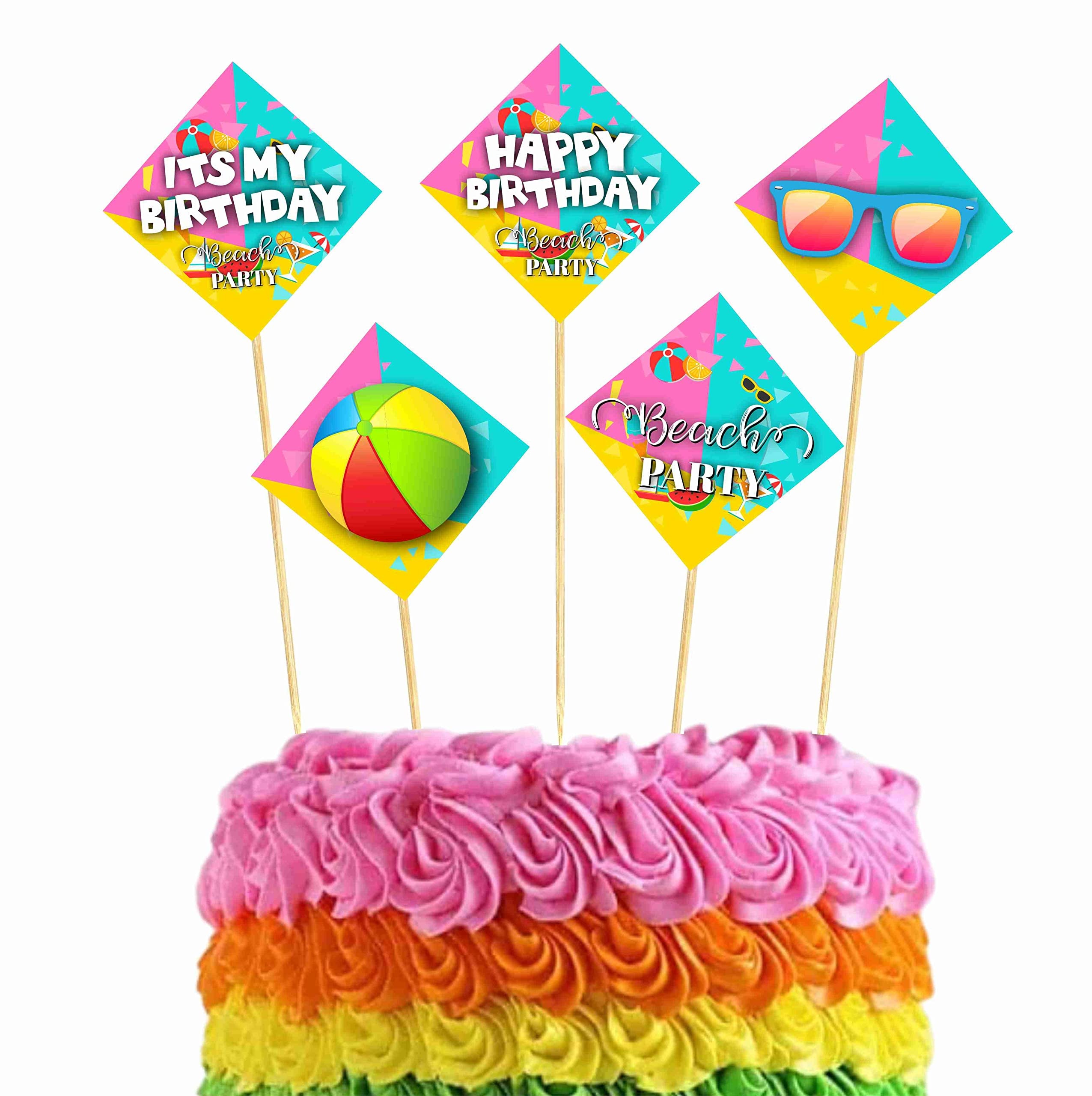 Balloonistics Beach Party Happy Birthday Cake Topper - Pack of 10 Tropical Summer Theme Cake Decorations - Premium Cardstock Sun, Surfboard & Palm Tree Picks with Bamboo Sticks - Double-Sided Pool Party & Luau Decor(Cake Topper - Pack of 10)
