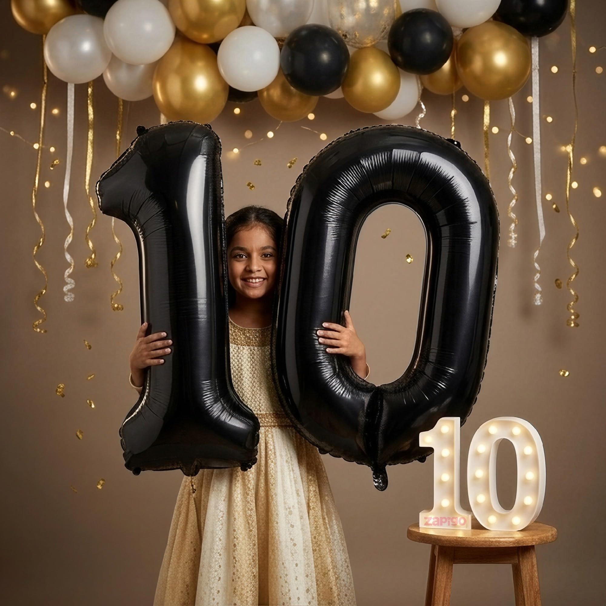 Balloonistics Black 40-Inch Foil Number 10 Balloon with Matching LED Marquee Light - Combo Set for 10th Birthday, Anniversary, Party Decoration, Photo Booth Backdrop, Cake Table Decor