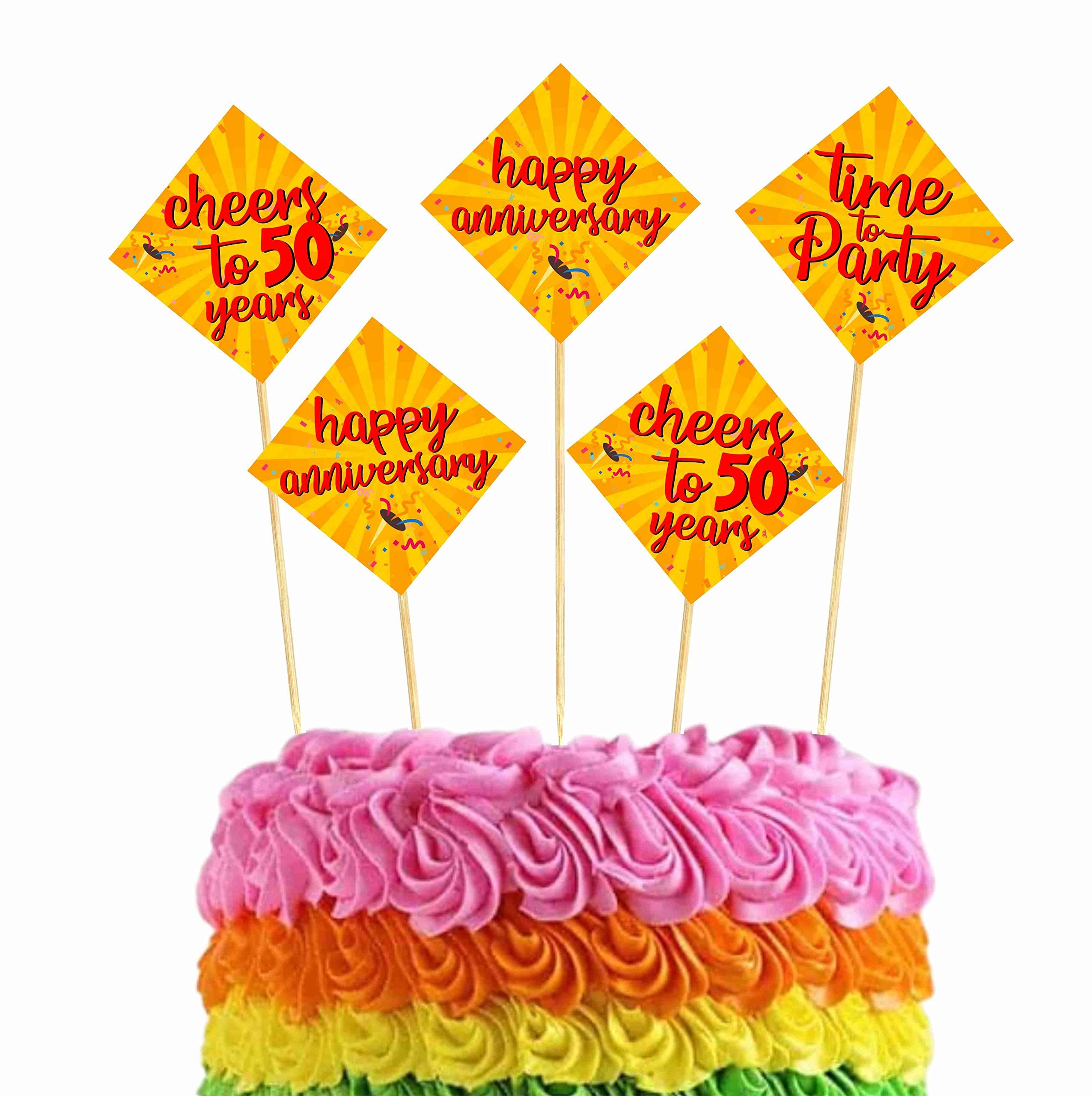 Balloonistics 50th Anniversary Cake Topper Multicolor Cardstock Picks with Natural Bamboo Sticks Anniversary Party Decorations for Cakes (Cake Topper - Pack of 10)