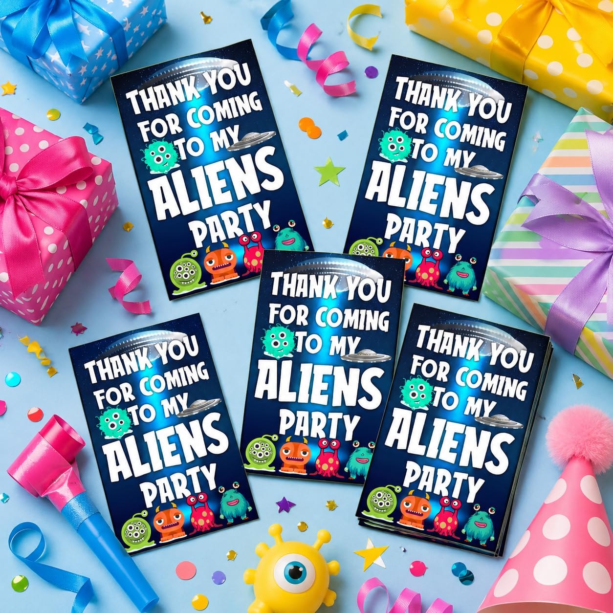 Balloonistics Aliens Theme Birthday Thank You Cards - Pack of 20 Out of This World Galaxy & Outer Space Return Gift Tags - Premium Cardstock "We Come in Peace" Note Cards for Kids & Adults (Thank you Cards - Pack of 20)