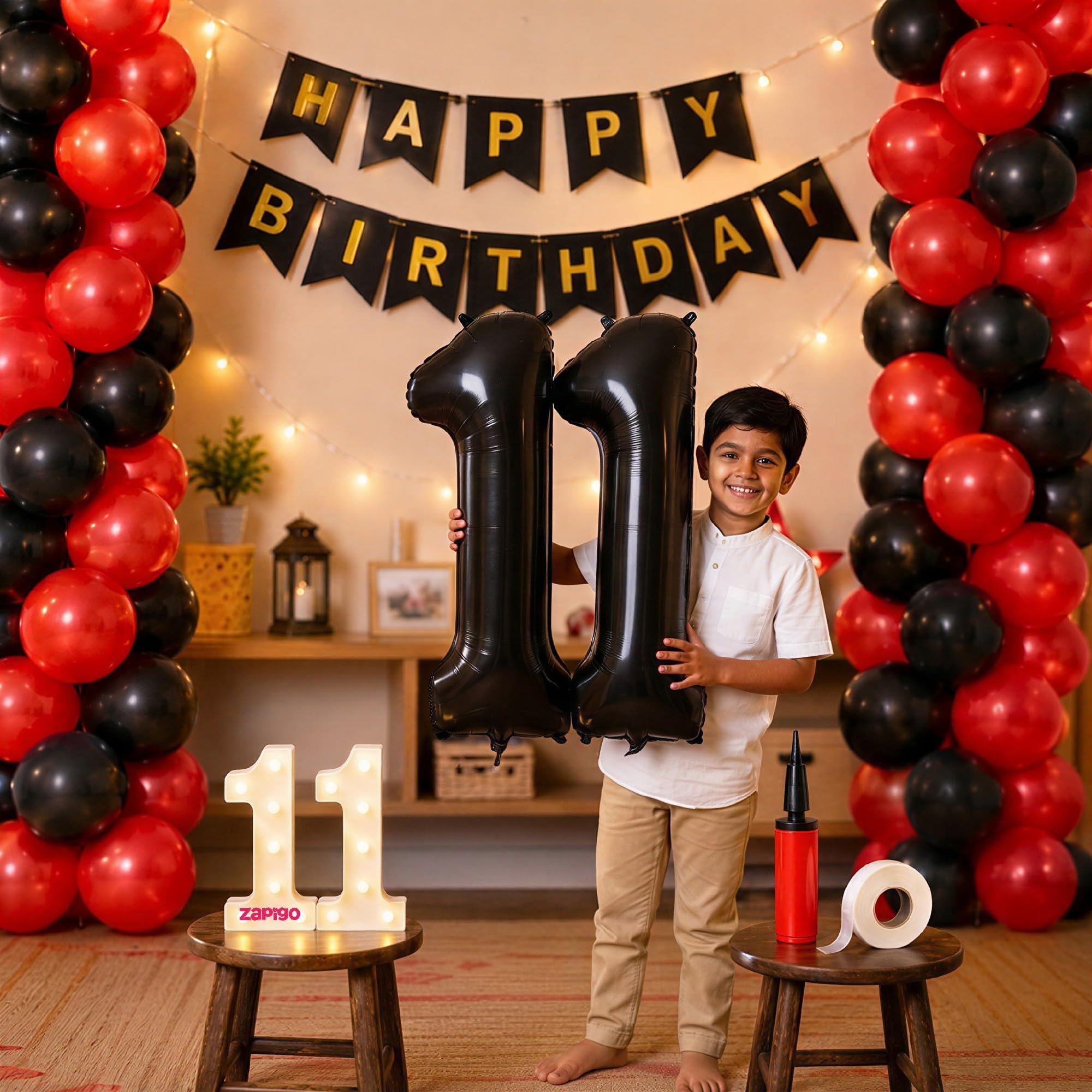 Balloonistics 11th Birthday Decoration Combo Kit - 40 Inch Black Foil Number Balloon, LED Marquee Light, 50 Black & Red Balloons, Happy Birthday Banner, Balloon Pump & Glue Dots