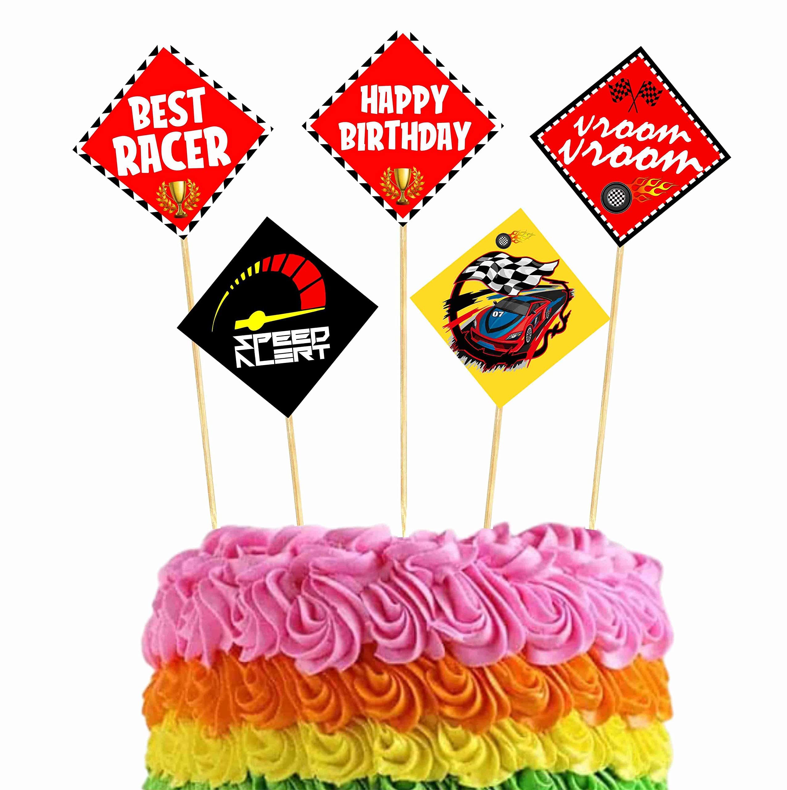 Balloonistics Racing Theme Cake Topper Checkered Flag Cake Picks Double-Sided Premium Cardstock with Bamboo Sticks (Cake Topper - Pack of 10)