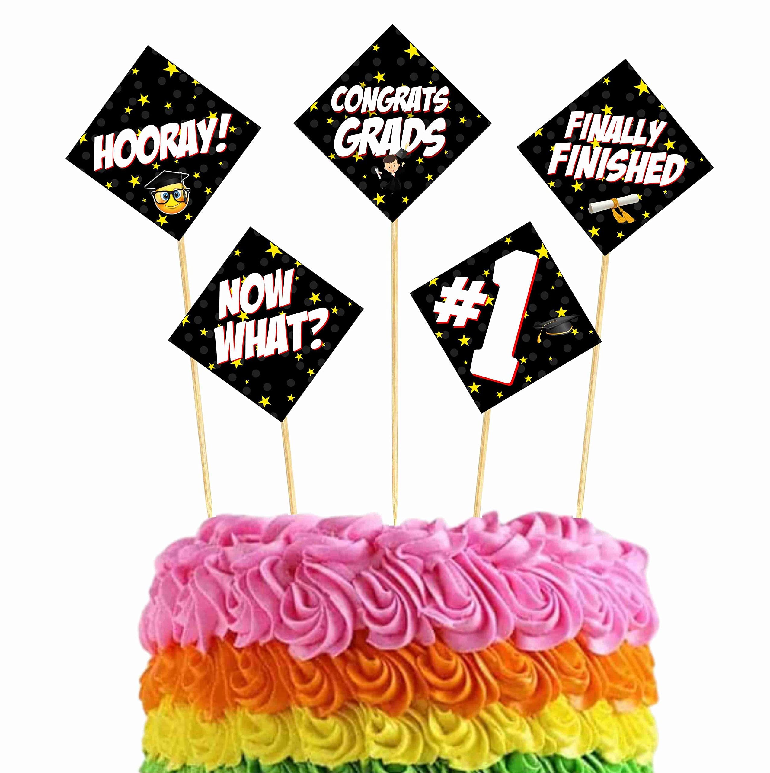 Balloonistics Congrats Graduate Cake Toppers – Pack of 10 Premium Cardstock Picks – Elegant Black & Gold Class of 2026 Graduation Party Decorations